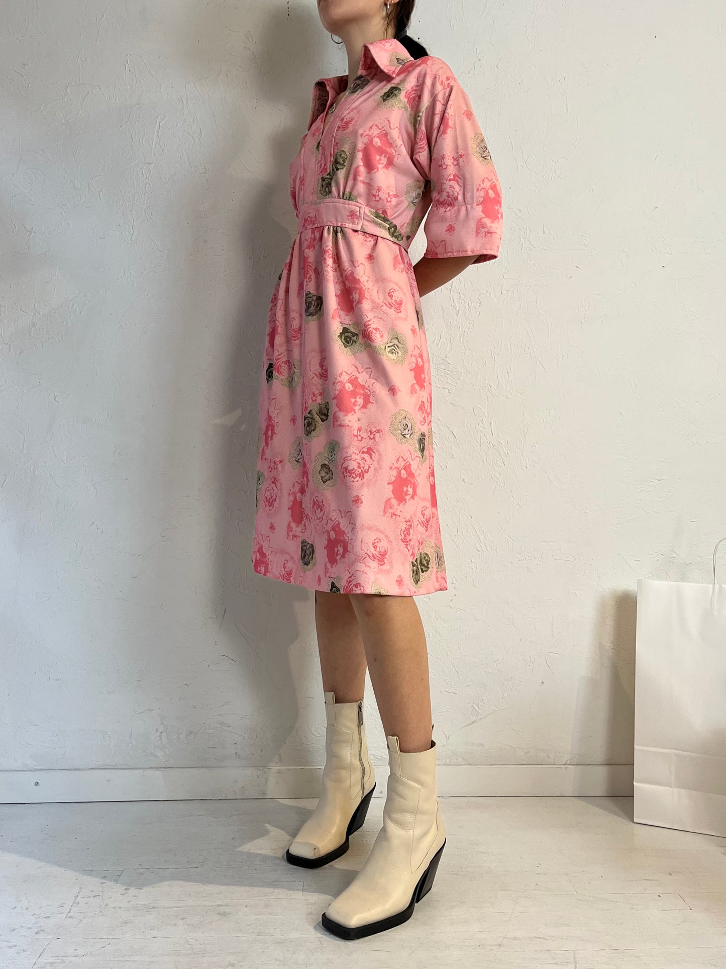 70s 'Nu Mode' Pink Floral Midi Dress / Medium