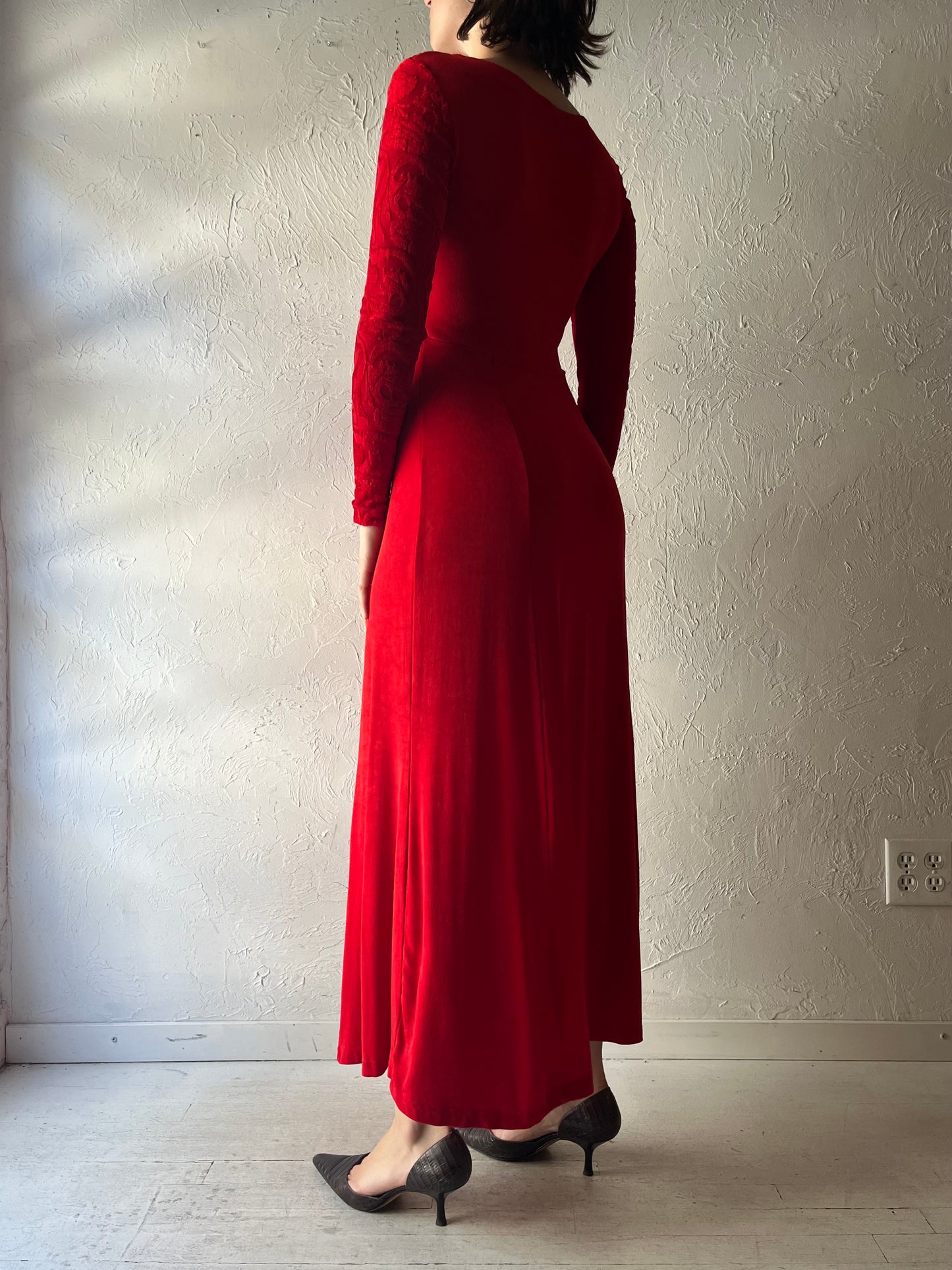 90s 'Style Works' Red Retro Romantic Fitted Maxi Dress / Small - Medium