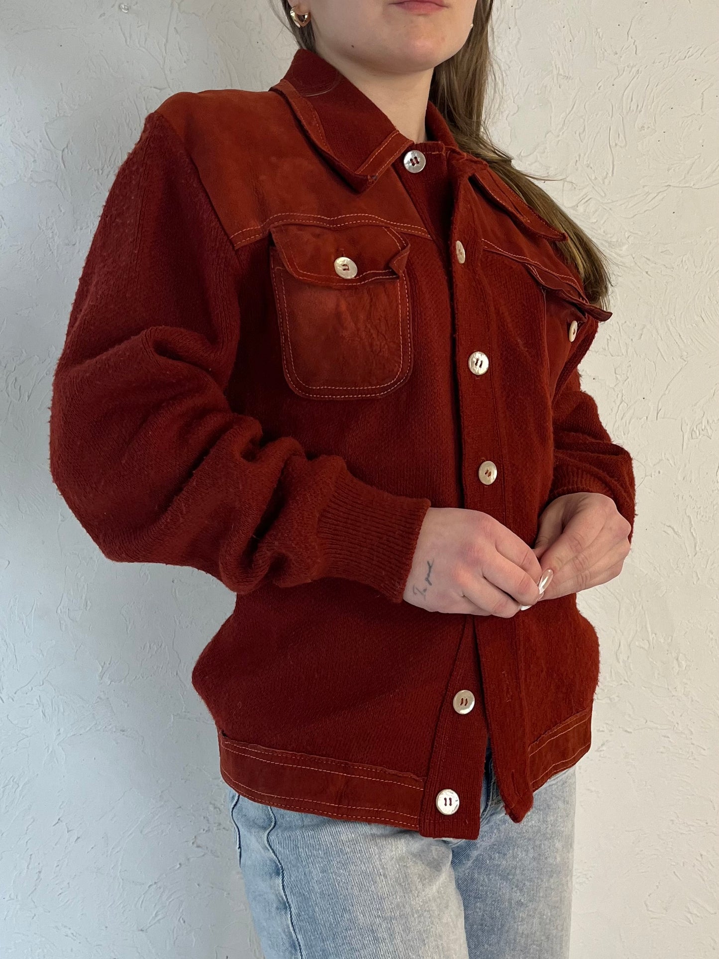 70s Red Acrylic Knit Jacket / Small