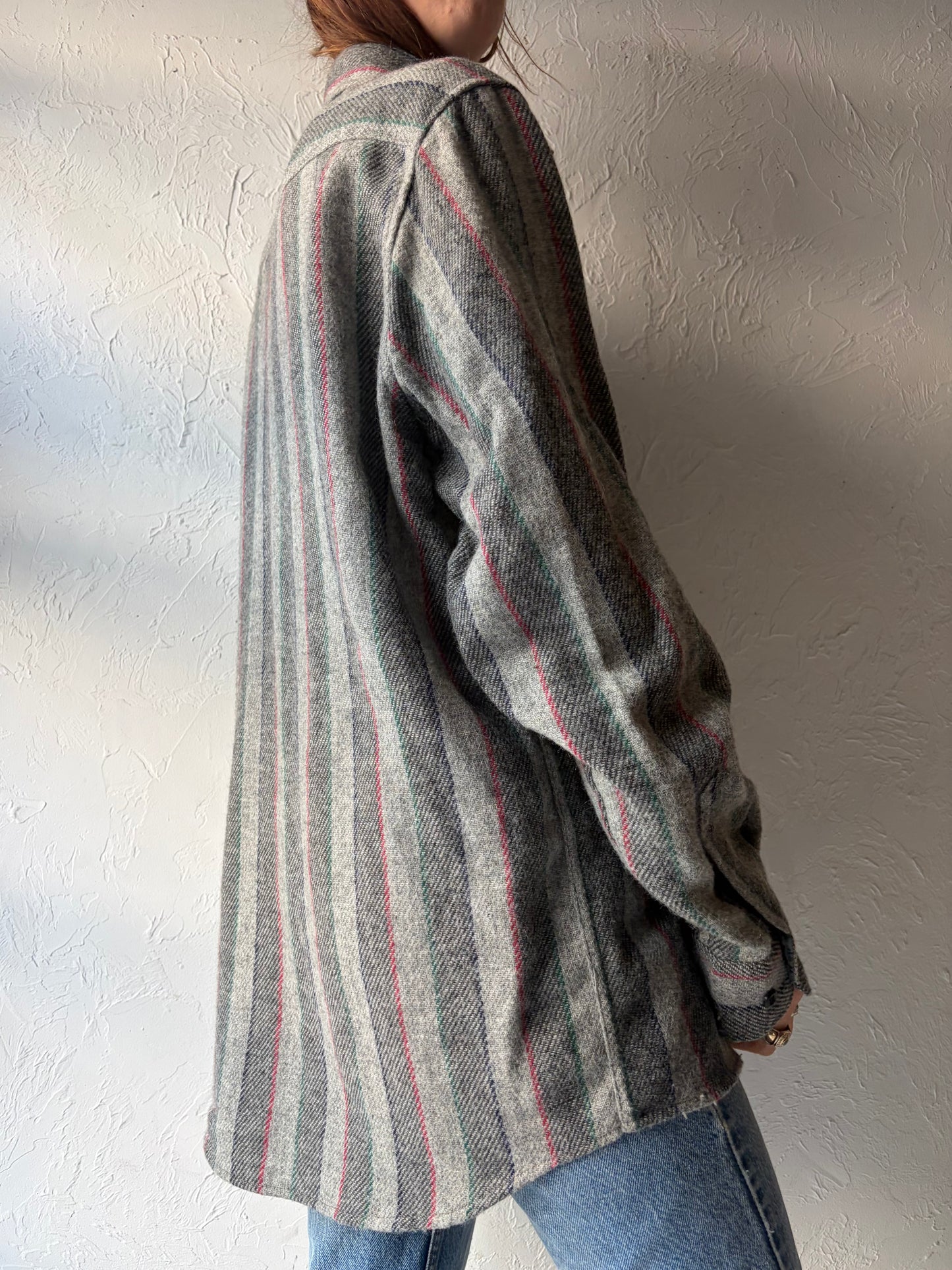 90s 'Fieldmaster' Grey Striped Workwear Button Up Knit Shirt Vintage Grunge Normcore Men's Collared Shirt / Large
