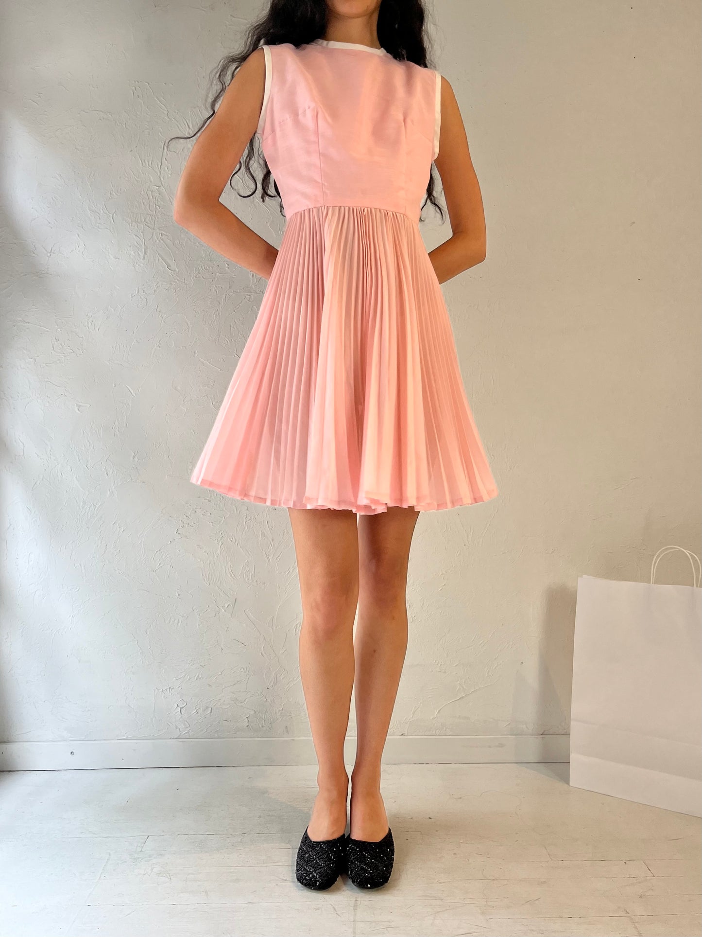 70s 'Windsor Dress' Pale Pink Pleated Dress / Small