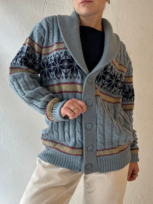 80s 'Kentfield' Blue Knit Cardigan Sweater / Medium