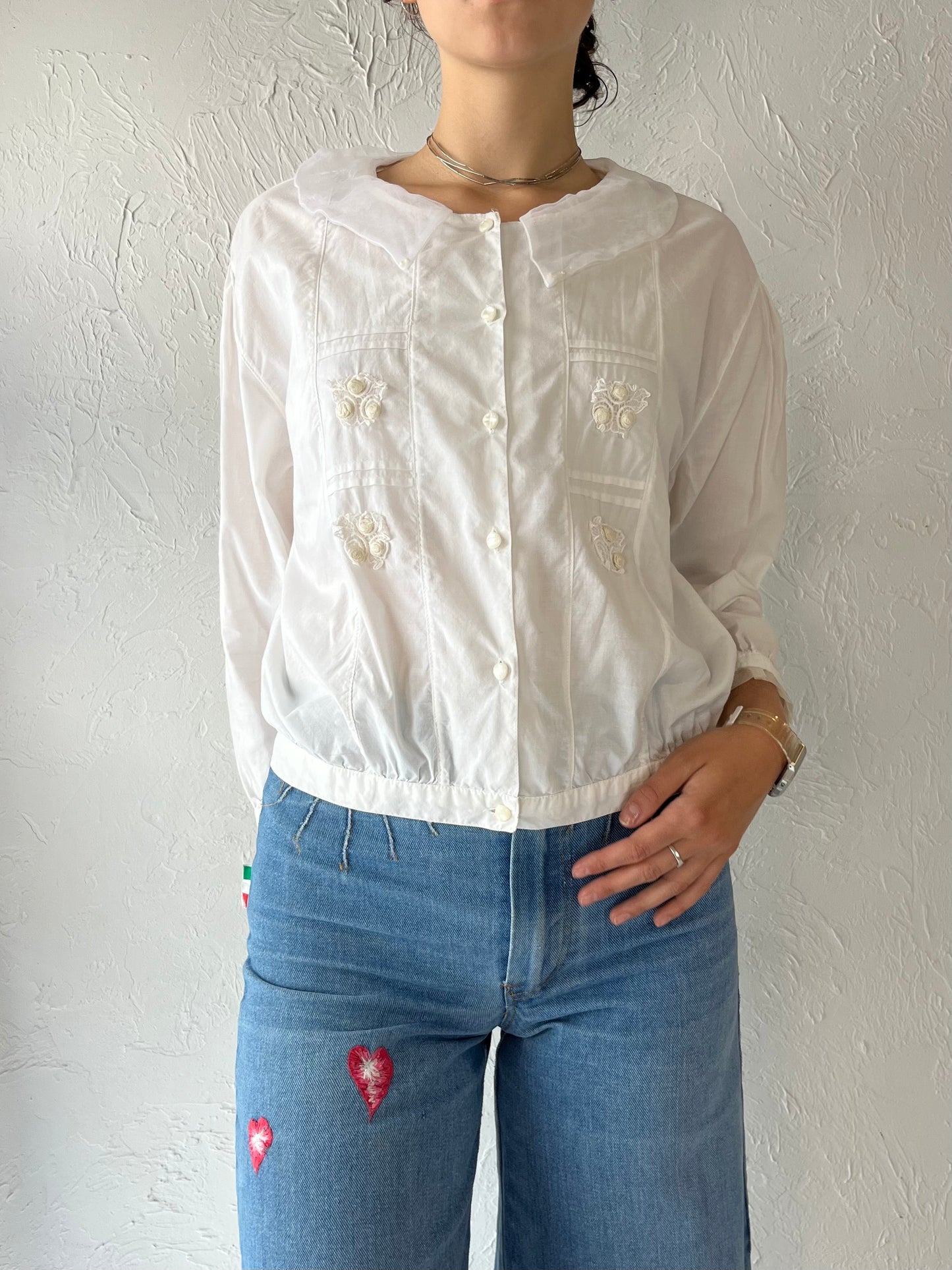 Y2K White Cotton Long Sleeve Blouse / Small