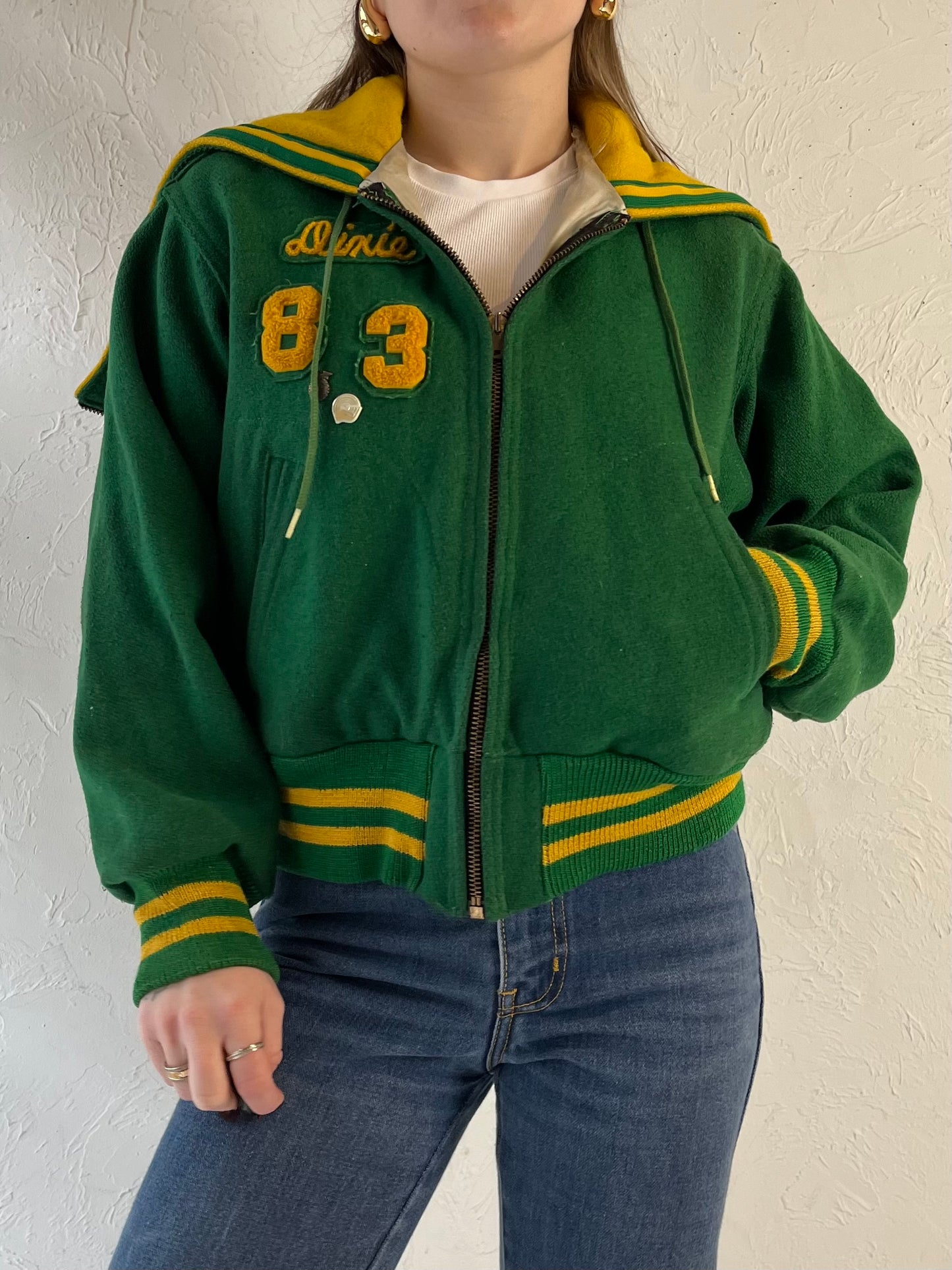 70s Youth Green Wool Varsity Jacket / Union Made / Small