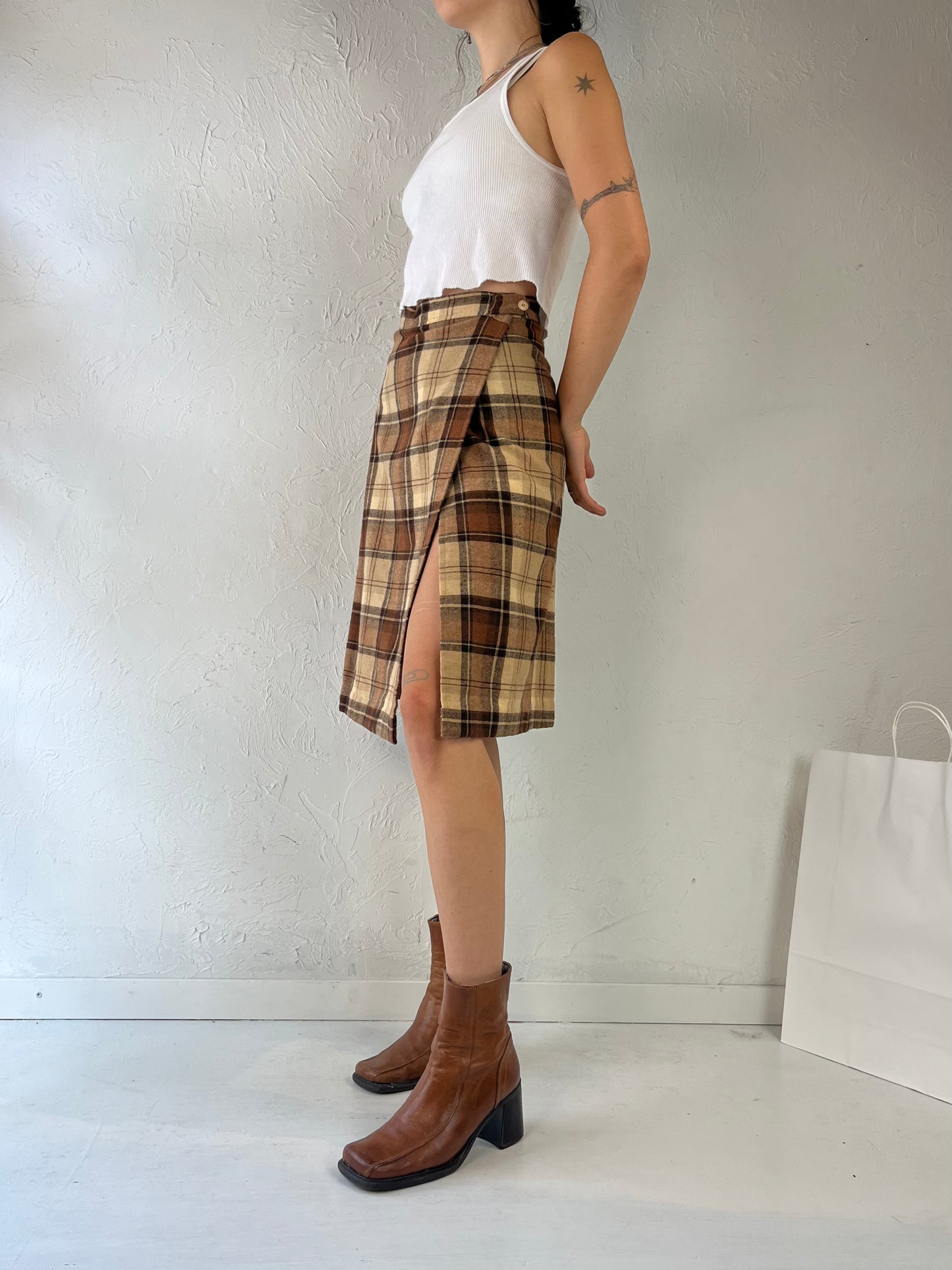 80s Brown Plaid Wool Midi Skirt / Small