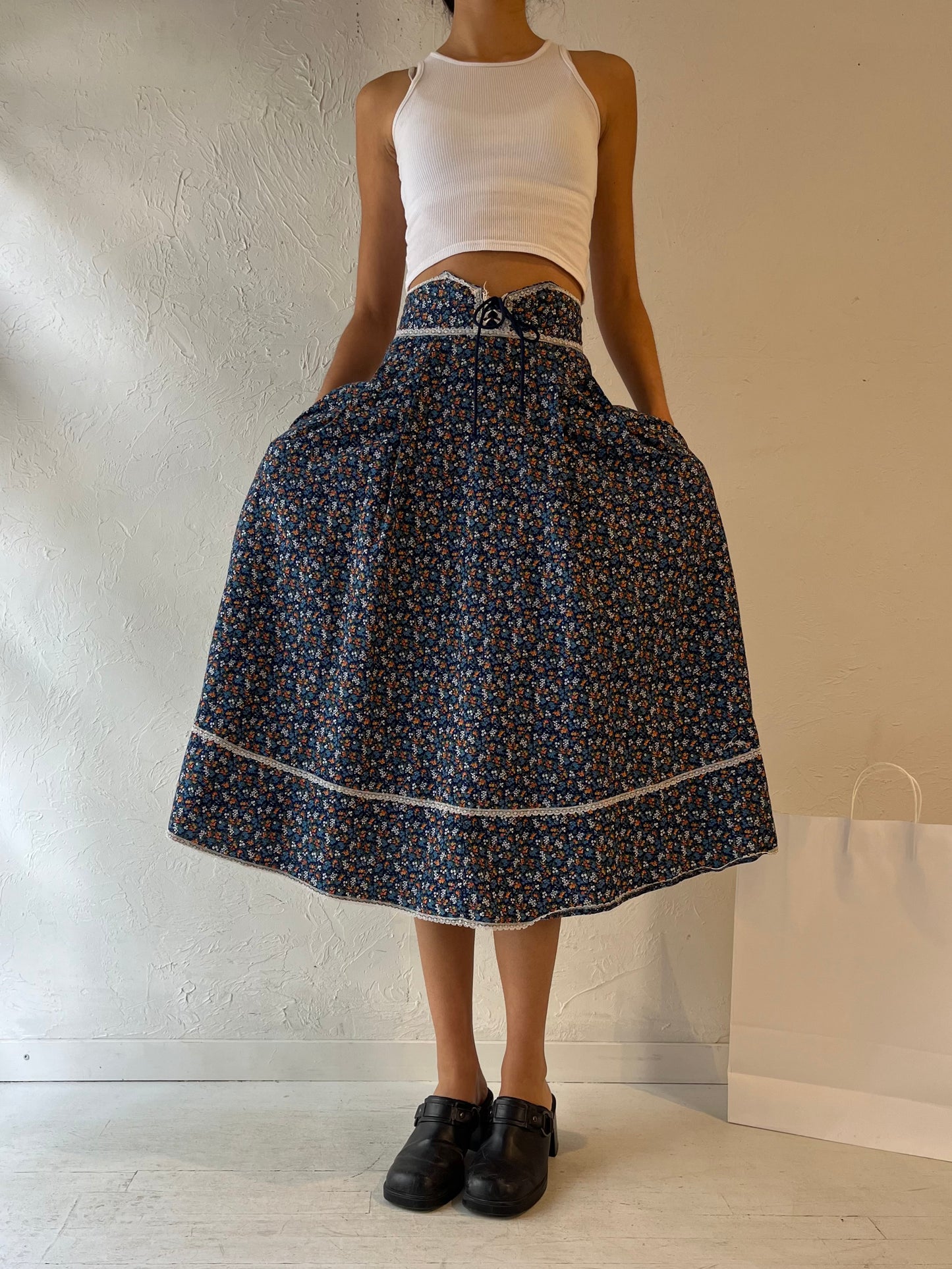 Vintage 'Glensport' Blue Floral Peasant Skirt / XS