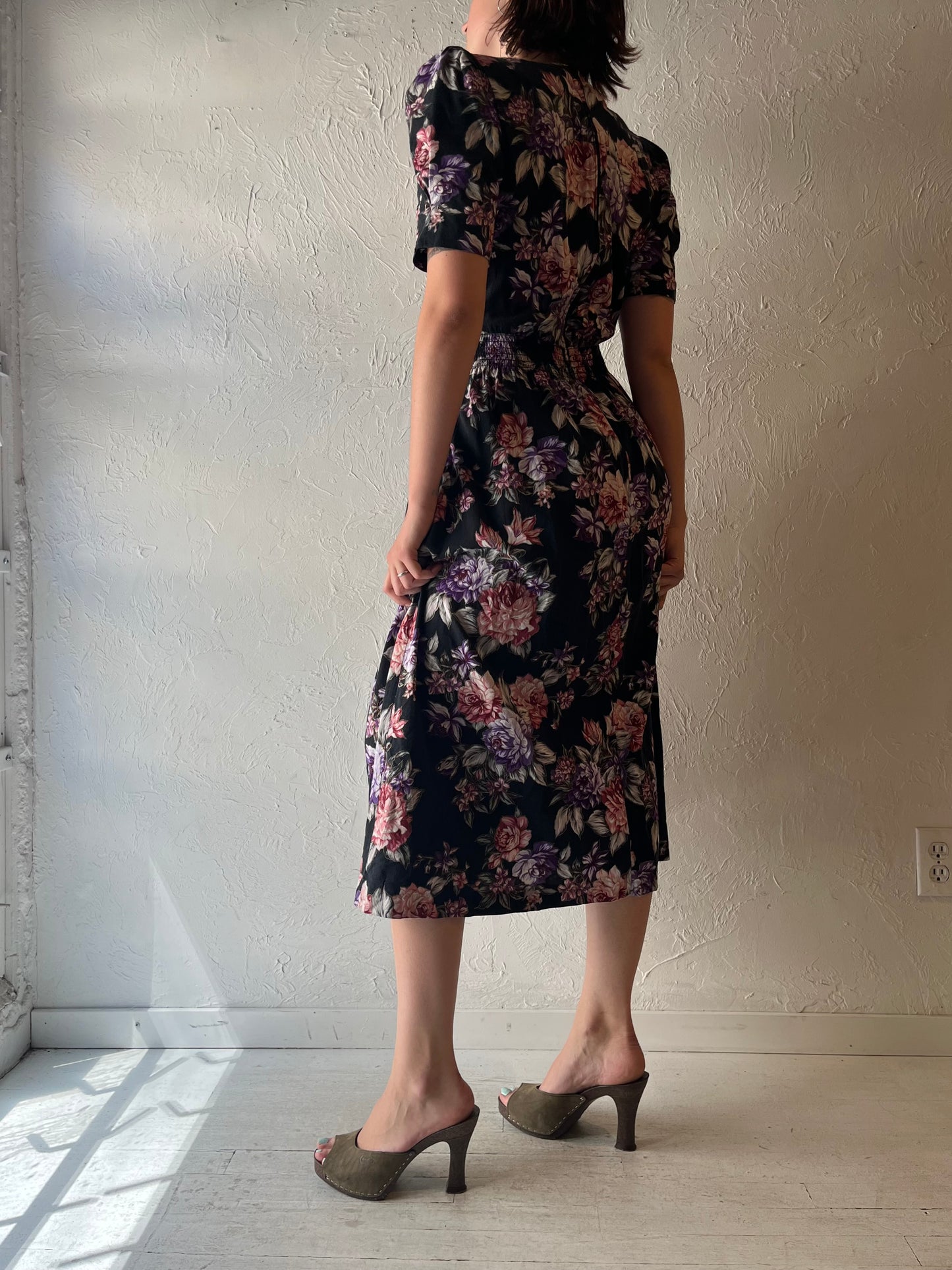 80s 'Miss Dorby' Black Floral Retro Summer Garden Party Midi Dress / Vintage 1980s Cottagecore Prairie Sun Dress / Medium