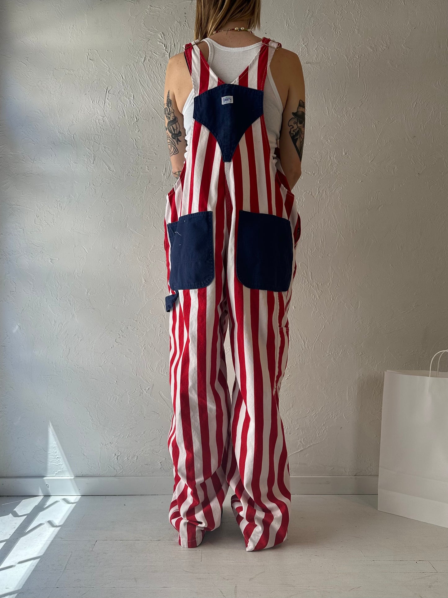 Y2k 'Liberty' Striped Denim Overalls / XL