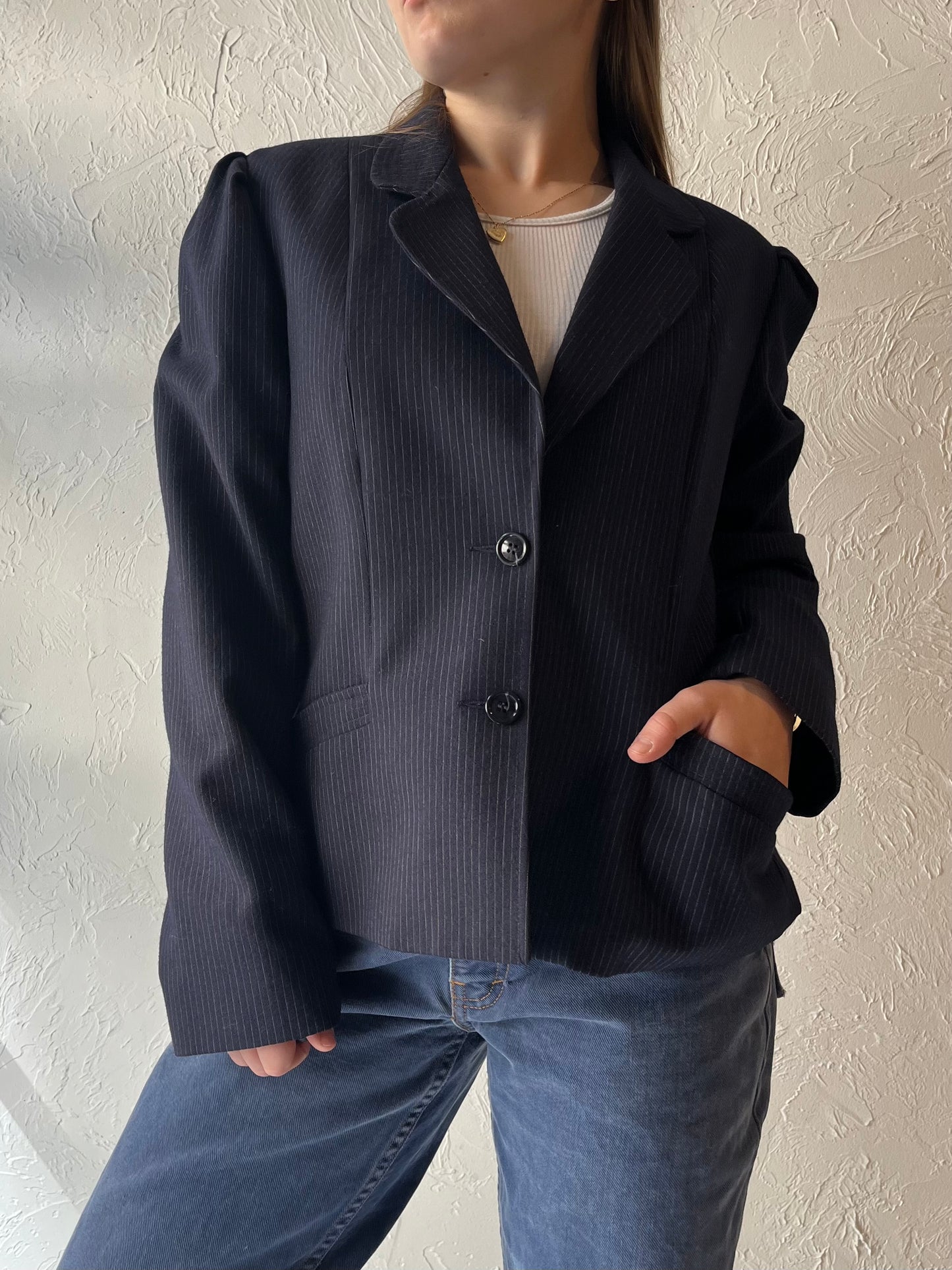 70s 'Sears' Navy Blue Pinstripe Wool Blazer Jacket / Union Made / Medium