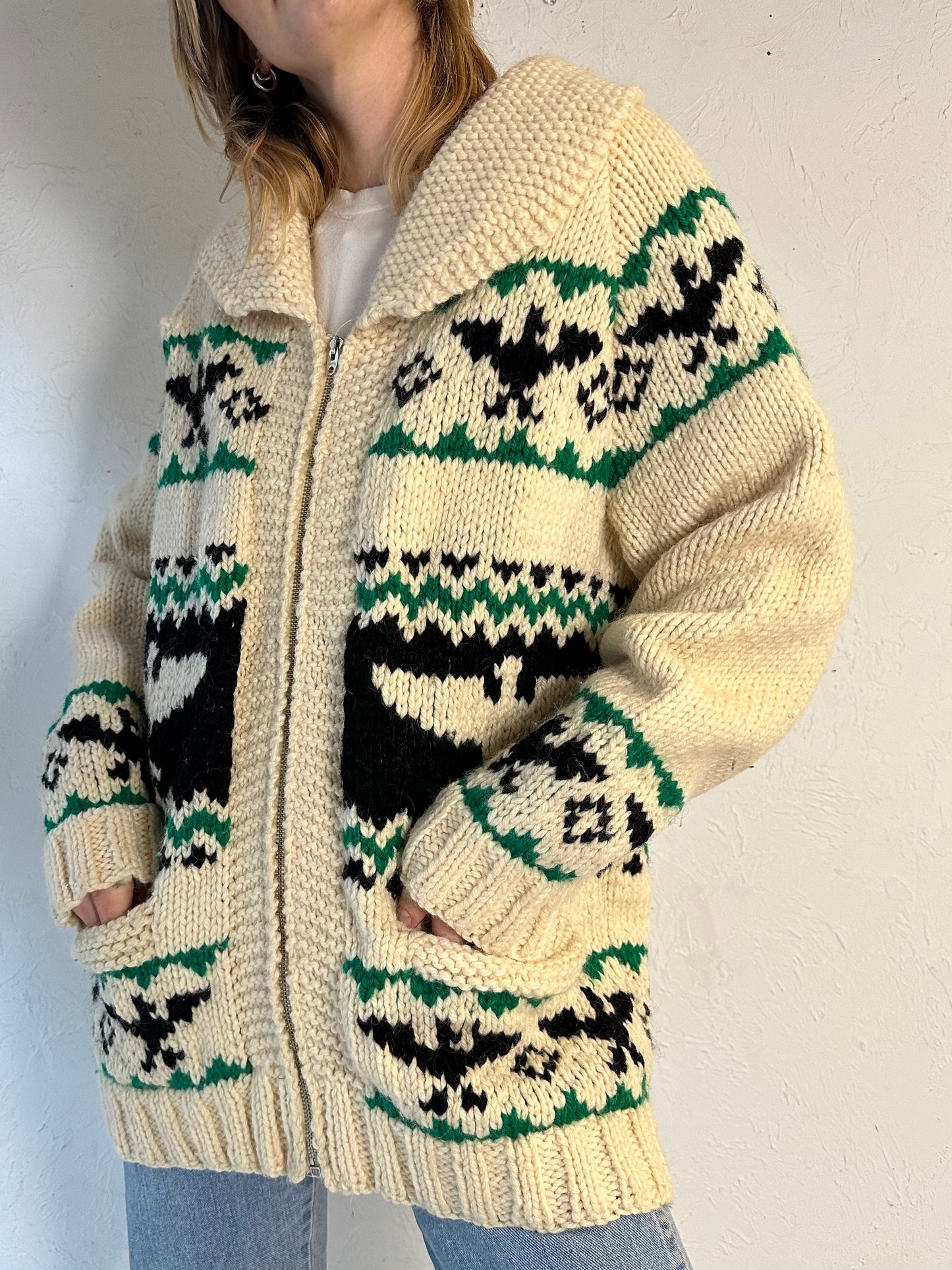 Vintage Hand Knit Thick Wool Zip Up Eagle Sweater / Medium