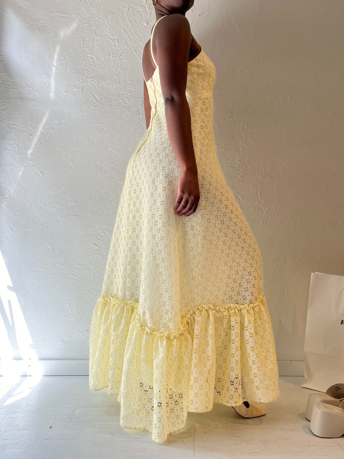 Vintage Handmade Yellow Eyelet Maxi Dress / Medium