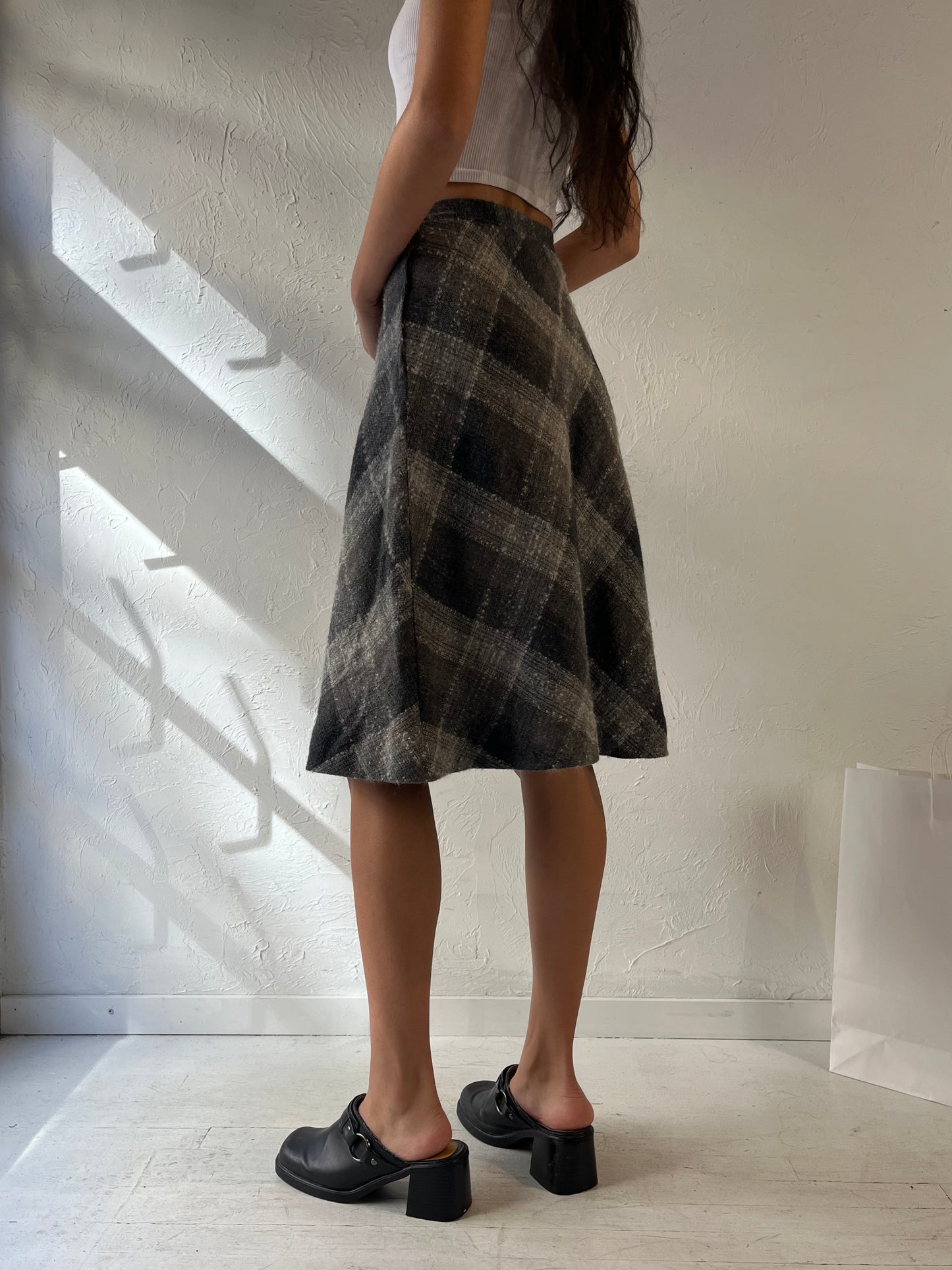 80s 'Casualaire' Grey Plaid Midi Skirt / Small