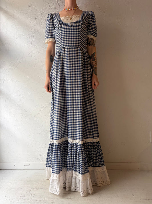 70s 'Late Mate' Blue Plaid Peasant Maxi Dress / Small