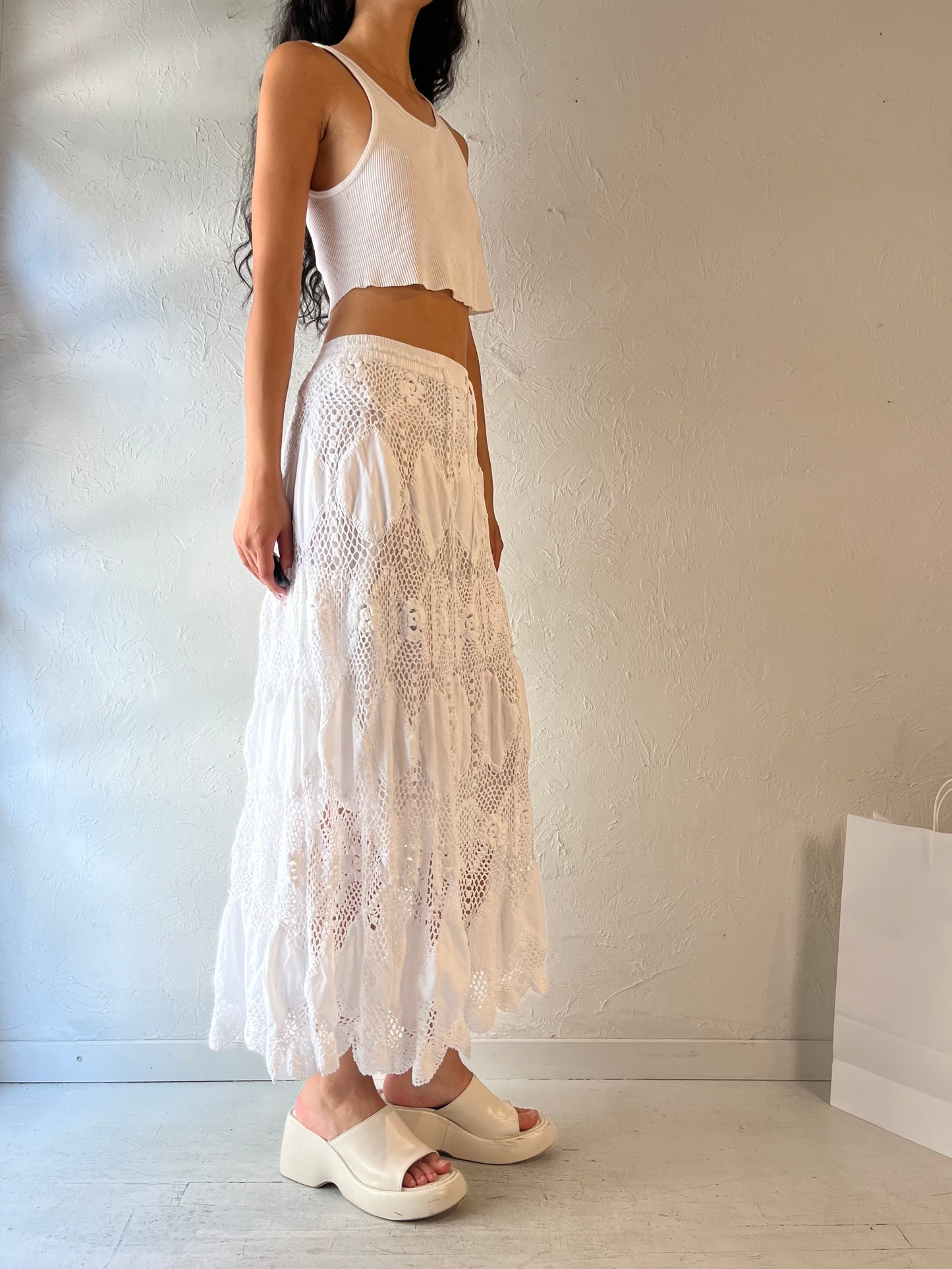 Y2k 'Baja Clothing' White Cotton Crochet Maxi Skirt / Small