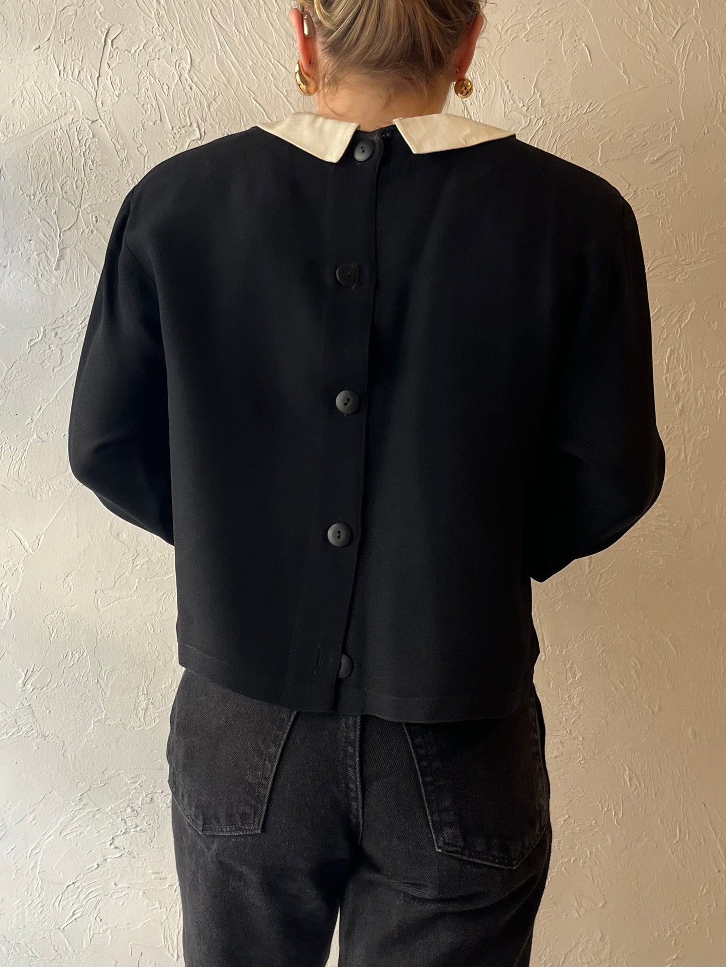 90s ‘Albert Nipon’ Black Collared Long Sleeve Blouse / Small