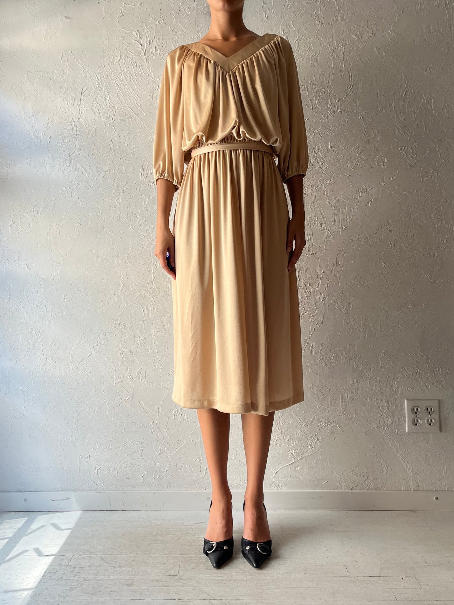 80s 'Mr. Edward' Beige Minimalist Classic Neutral Midi Dress / Vintage 1980s Normcore Summer Dress / Medium