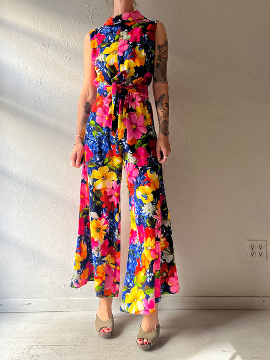 70s Wide Leg Sleeveless Floral Jumpsuit / Small