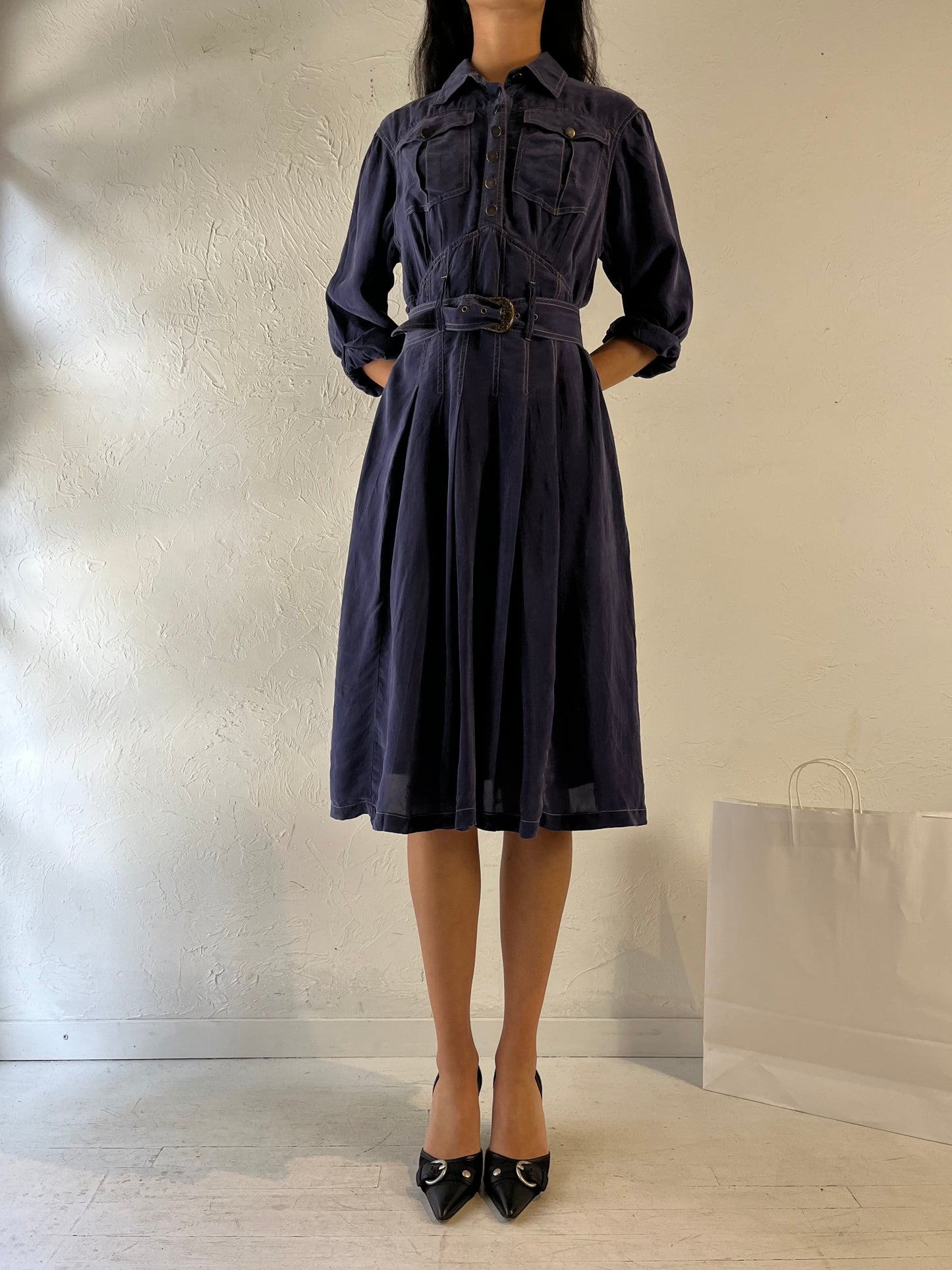 80s 'Karen Alexander' Navy Blue Silk Dress / Small