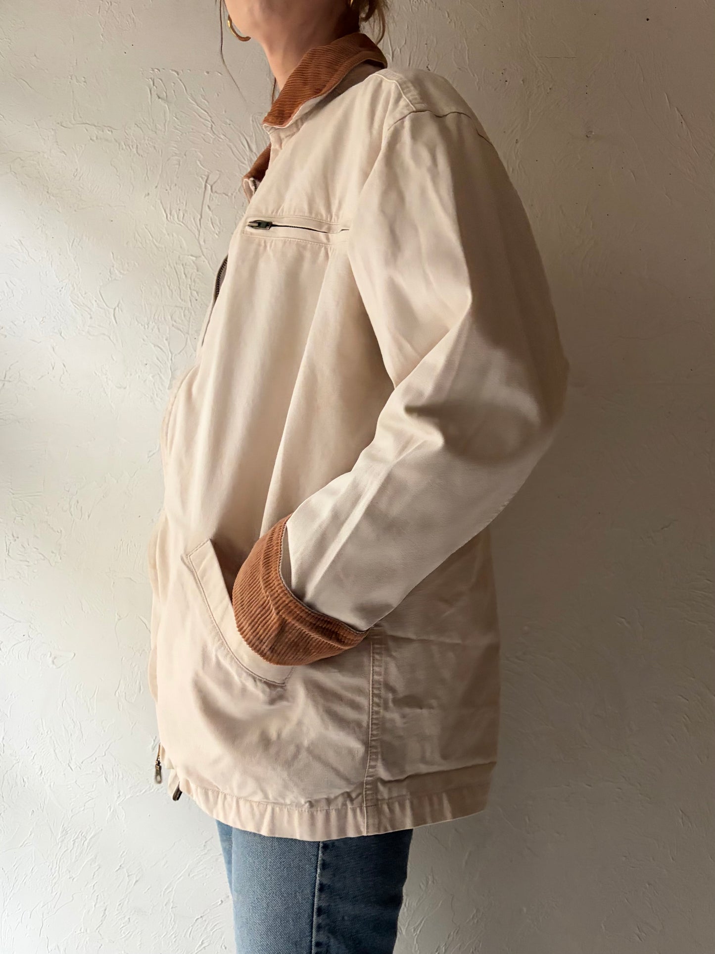 90s 'Cherokee' White Denim Barn Chore Jacket / Small