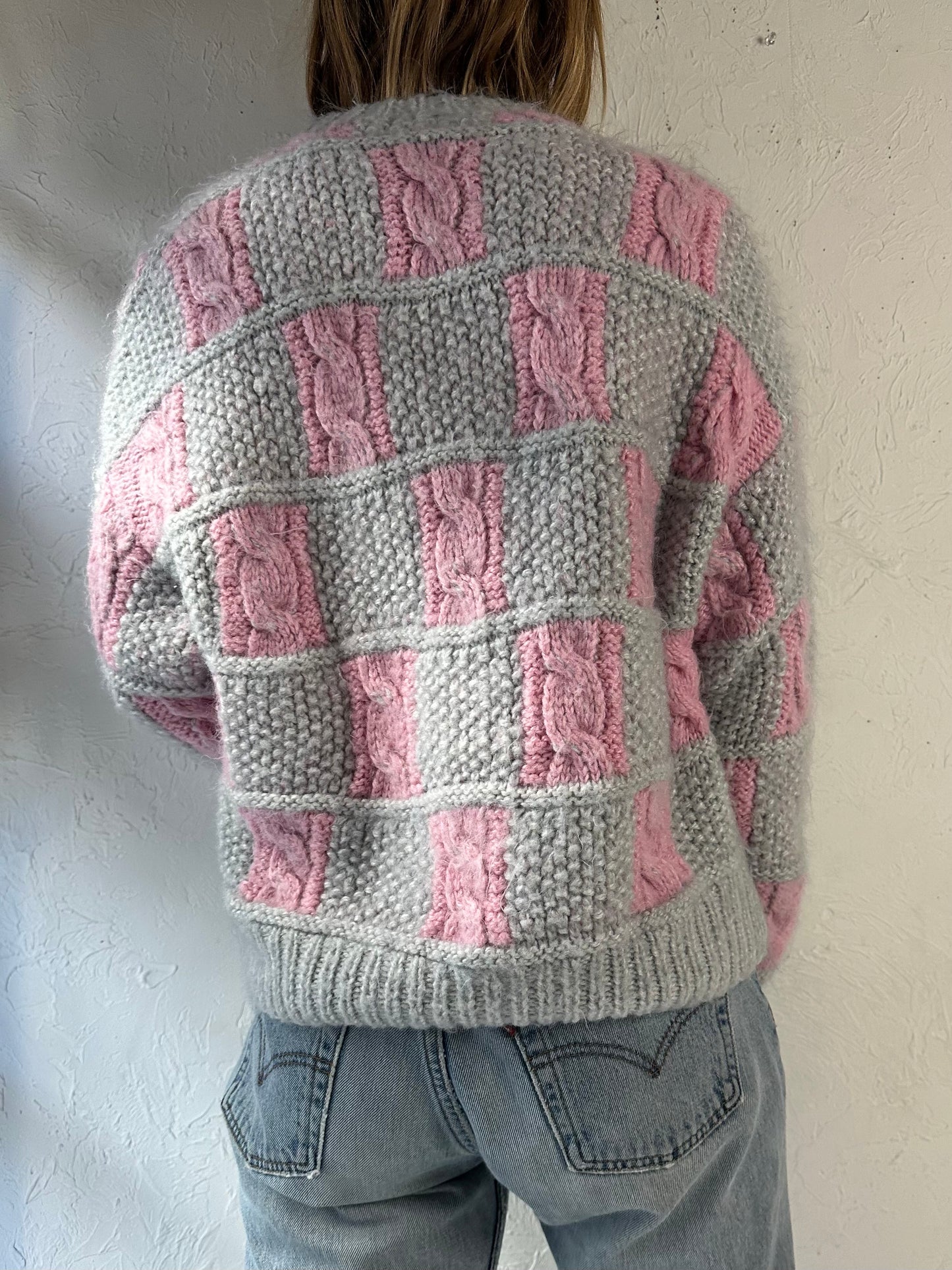 Vintage Pink and Grey Check Cable Knit Sweater / Medium