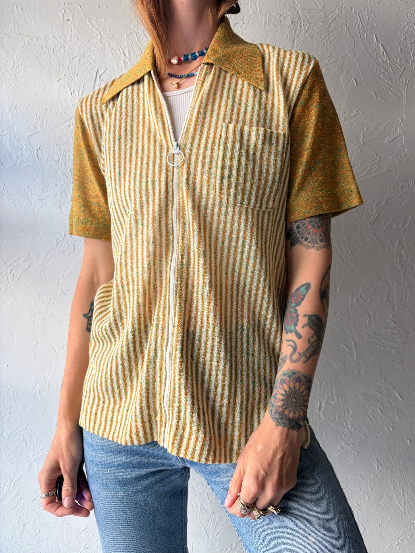70s 'Corsini' Knit Zip Up Retro Shirt / Medium