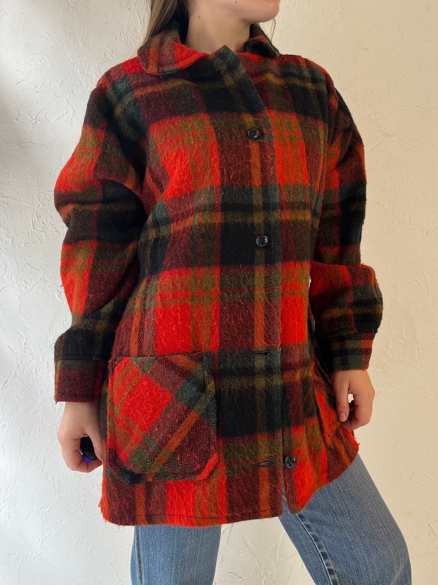 Vintage Red Plaid Knit Jacket / Medium