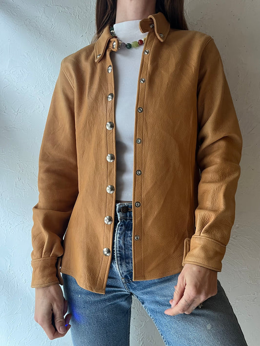 90s 'OT' Tan Leather Western Shirt Jacket Silver Snap Front  Minimalist Biker Ranch Wear / Small