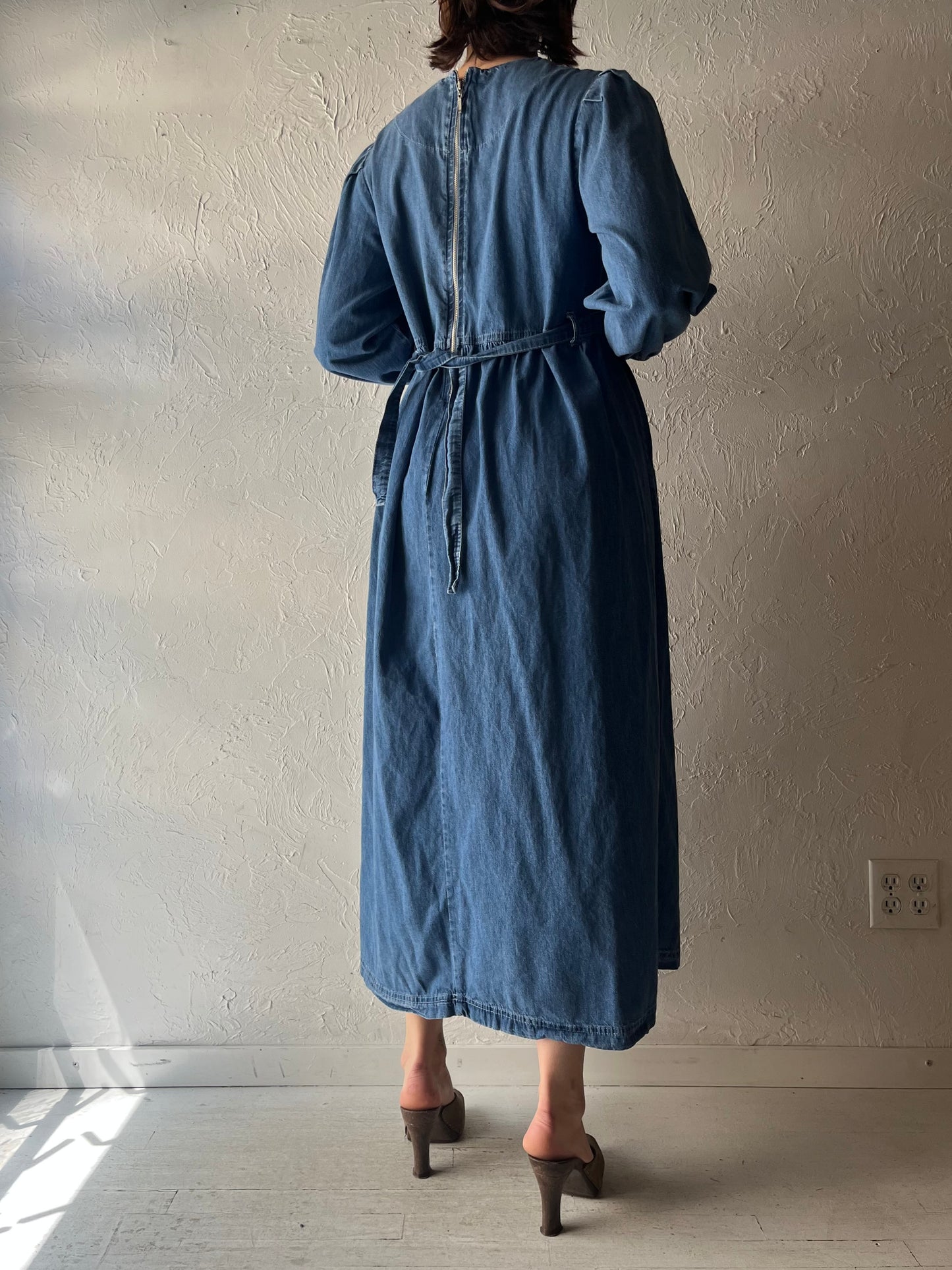 Y2k 'My Magazin' Denim Prairie Cottagecore Long Sleeve Maxi Dress / Vintage 2000s Western Cowgirl Dress
