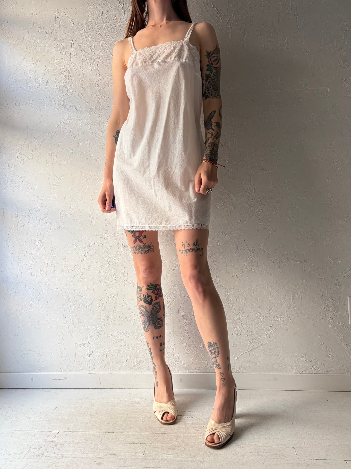 90s 'French Maid' White Cotton Mini Dress / Small