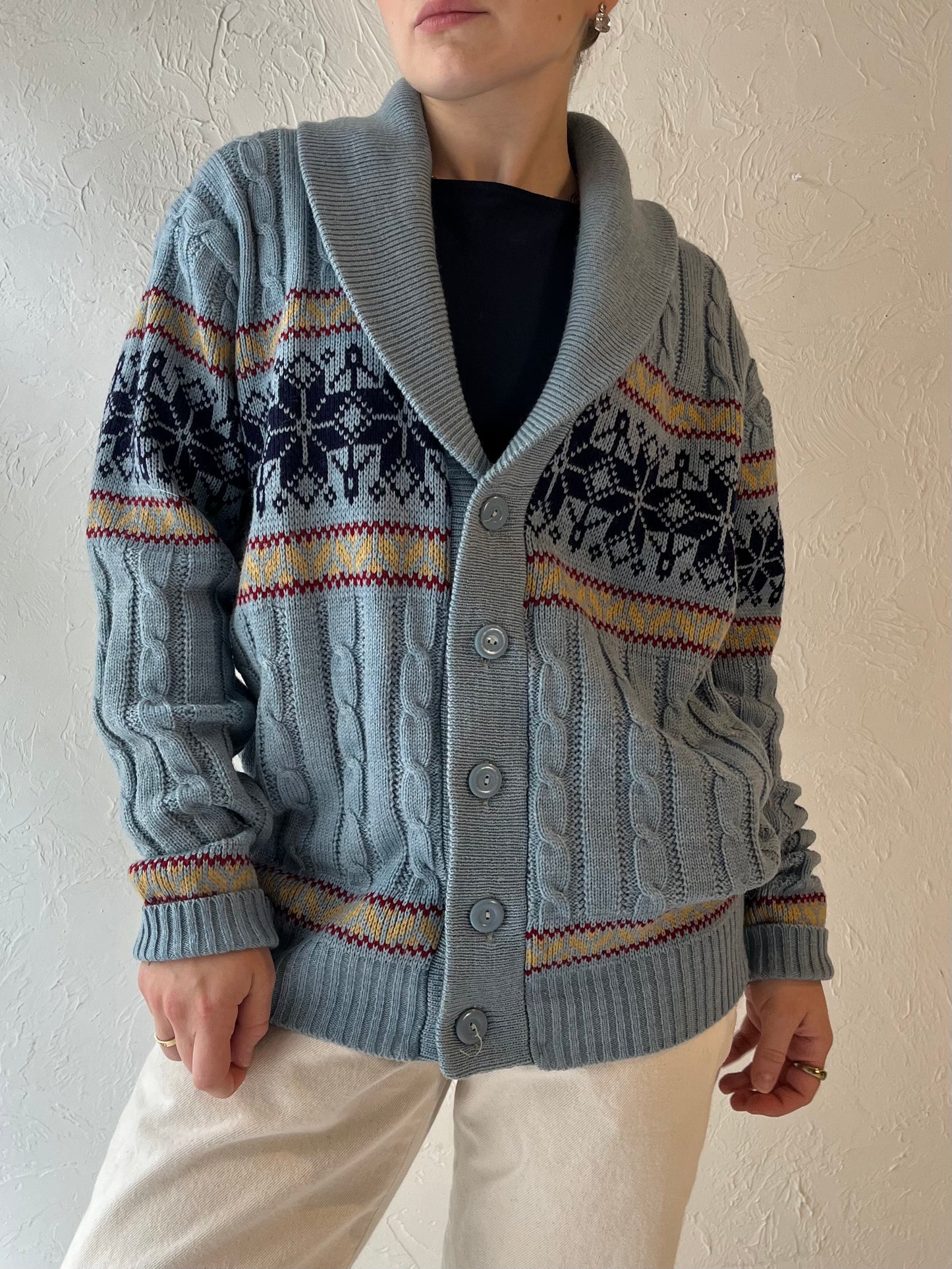 80s 'Kentfield' Blue Knit Cardigan Sweater / Medium