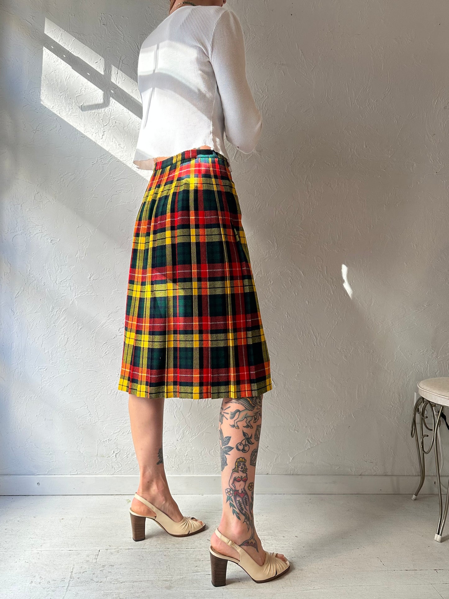 70s 'St Michael' Plaid Pleated Midi Wrap Skirt / Small