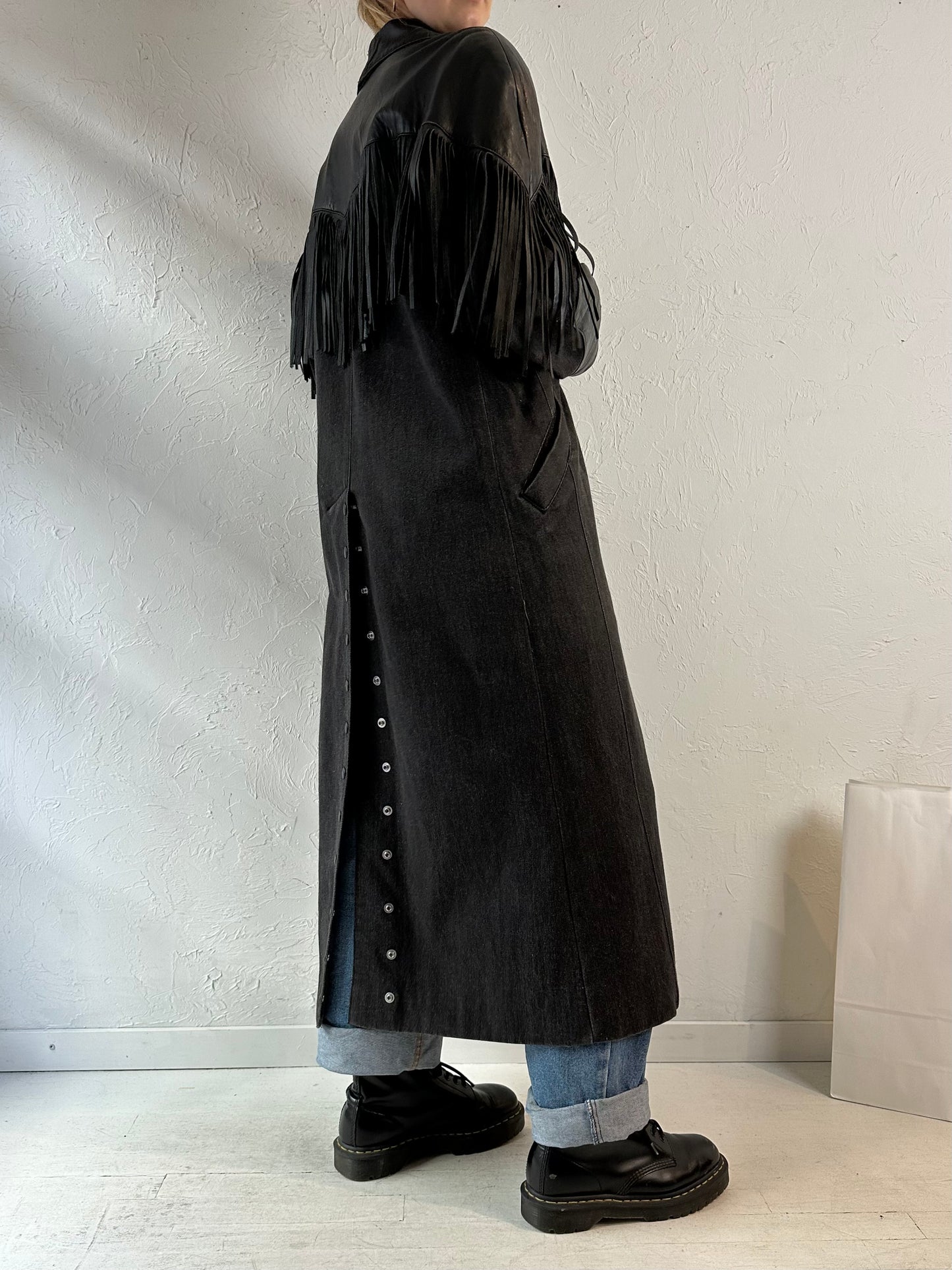 80s 'Diamond' Denim Leather Fringe Coat / Medium