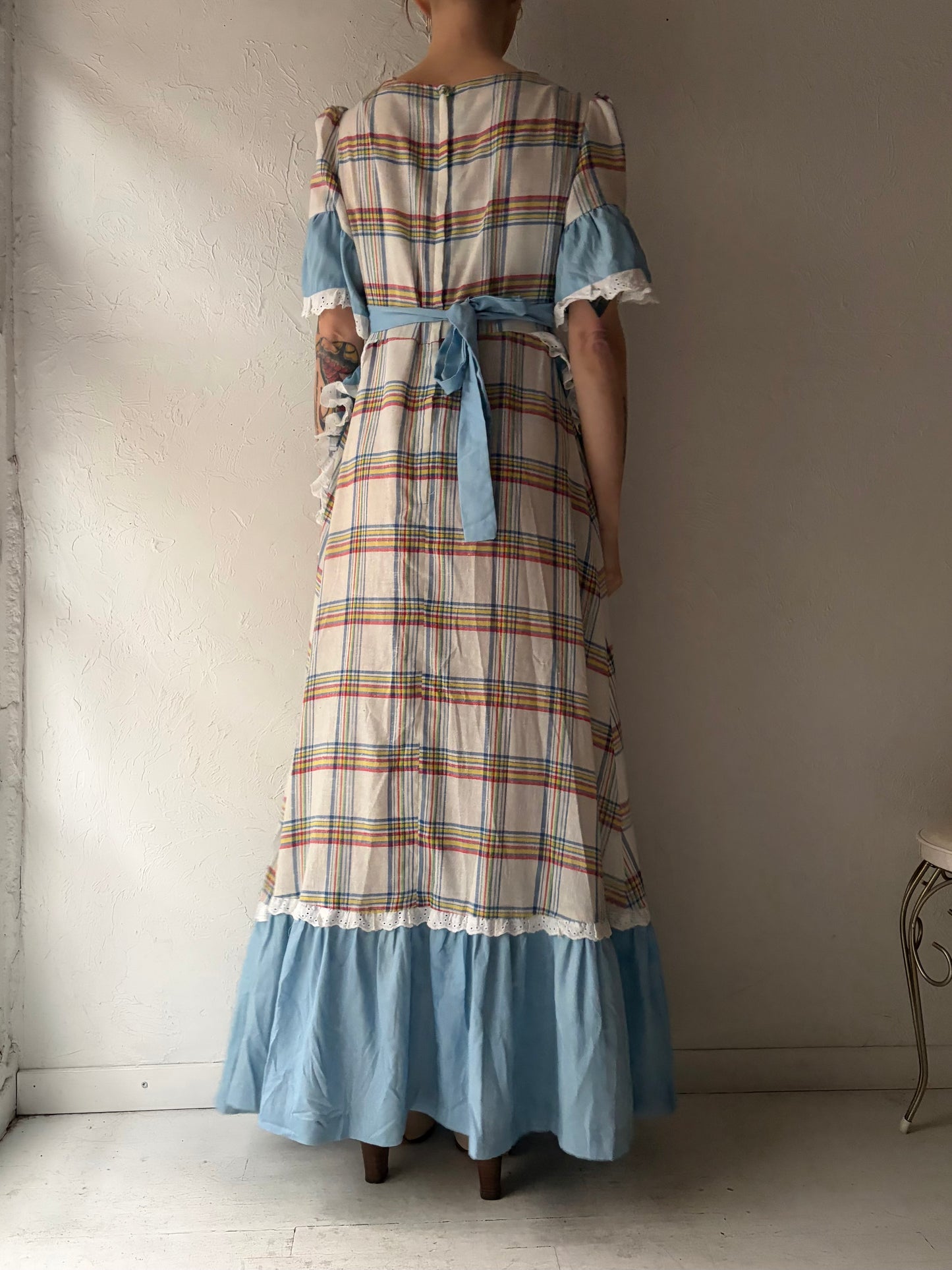 80s Plaid Apron Chore Maxi Dress / Small