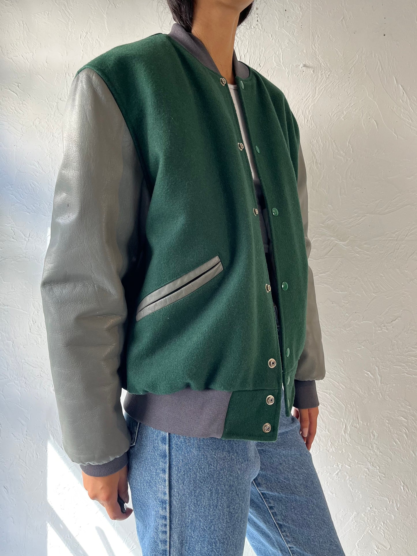 80s 'Chevron' Green Wool Leather Bomber Jacket / Medium