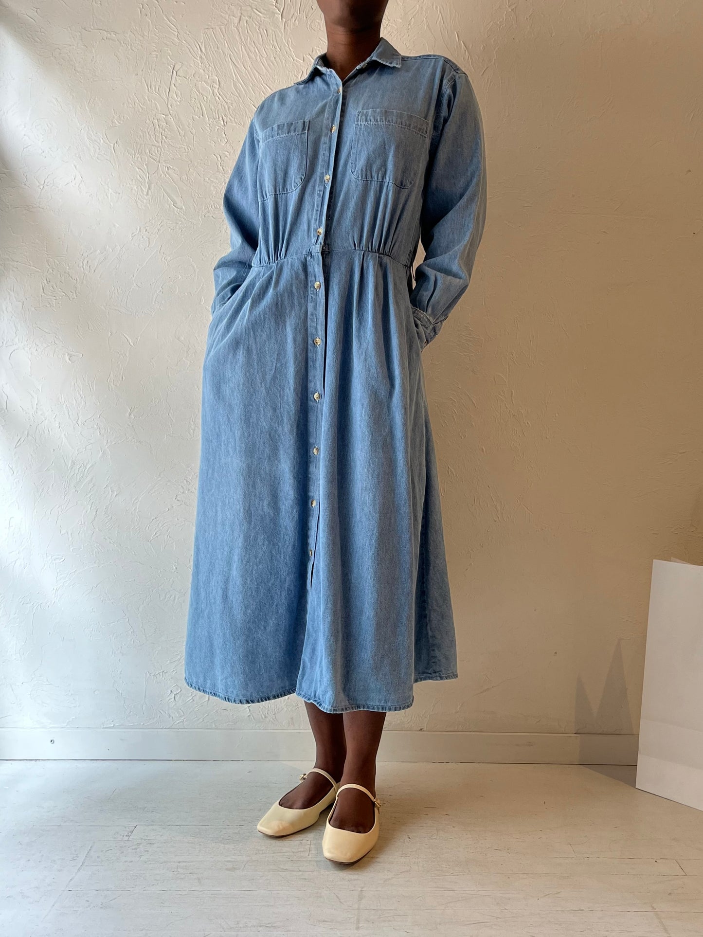 90s 'Daniel Caron' Long Sleeve Denim Dress / Medium