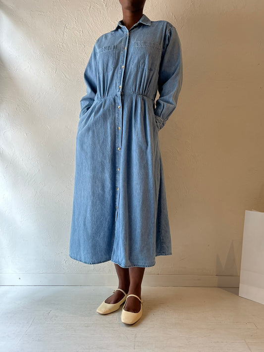 90s 'Daniel Caron' Long Sleeve Denim Dress / Medium