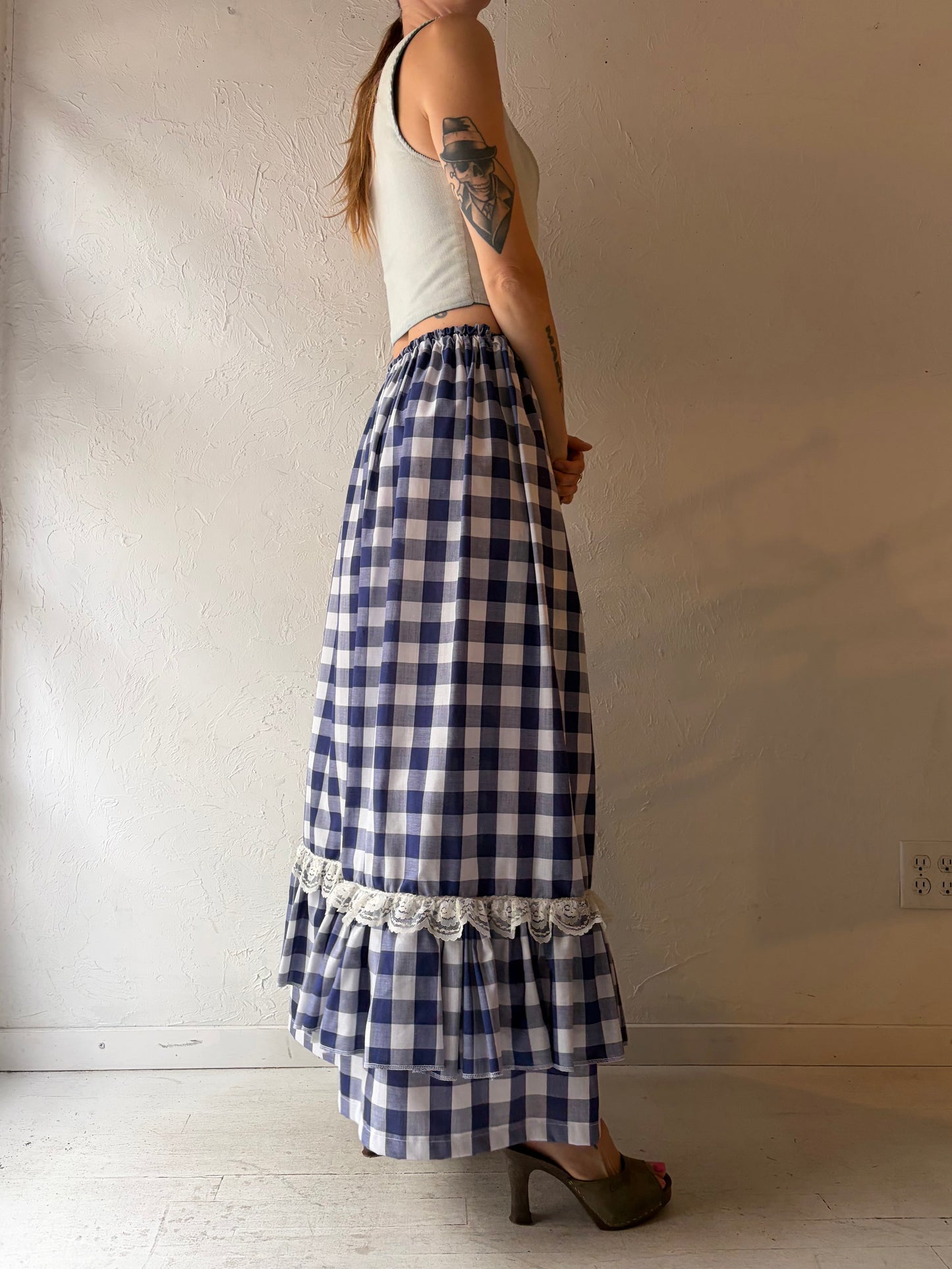 70s Handmade Blue Gingham Cottage Core Maxi Skirt / Small