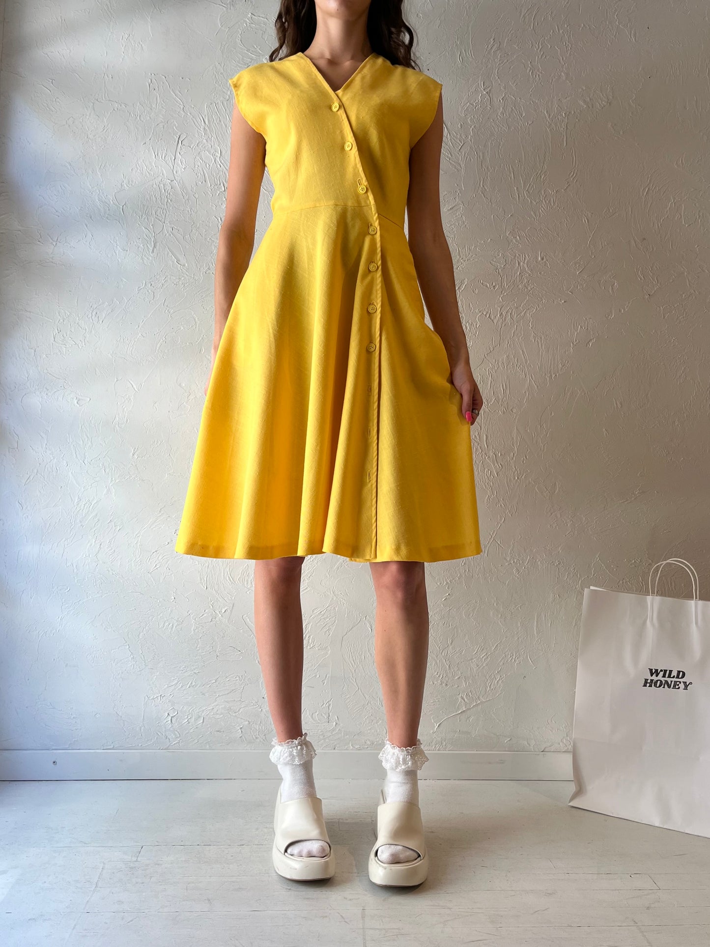 70s 'Up Stage' Yellow Button Up Midi Dress / Small