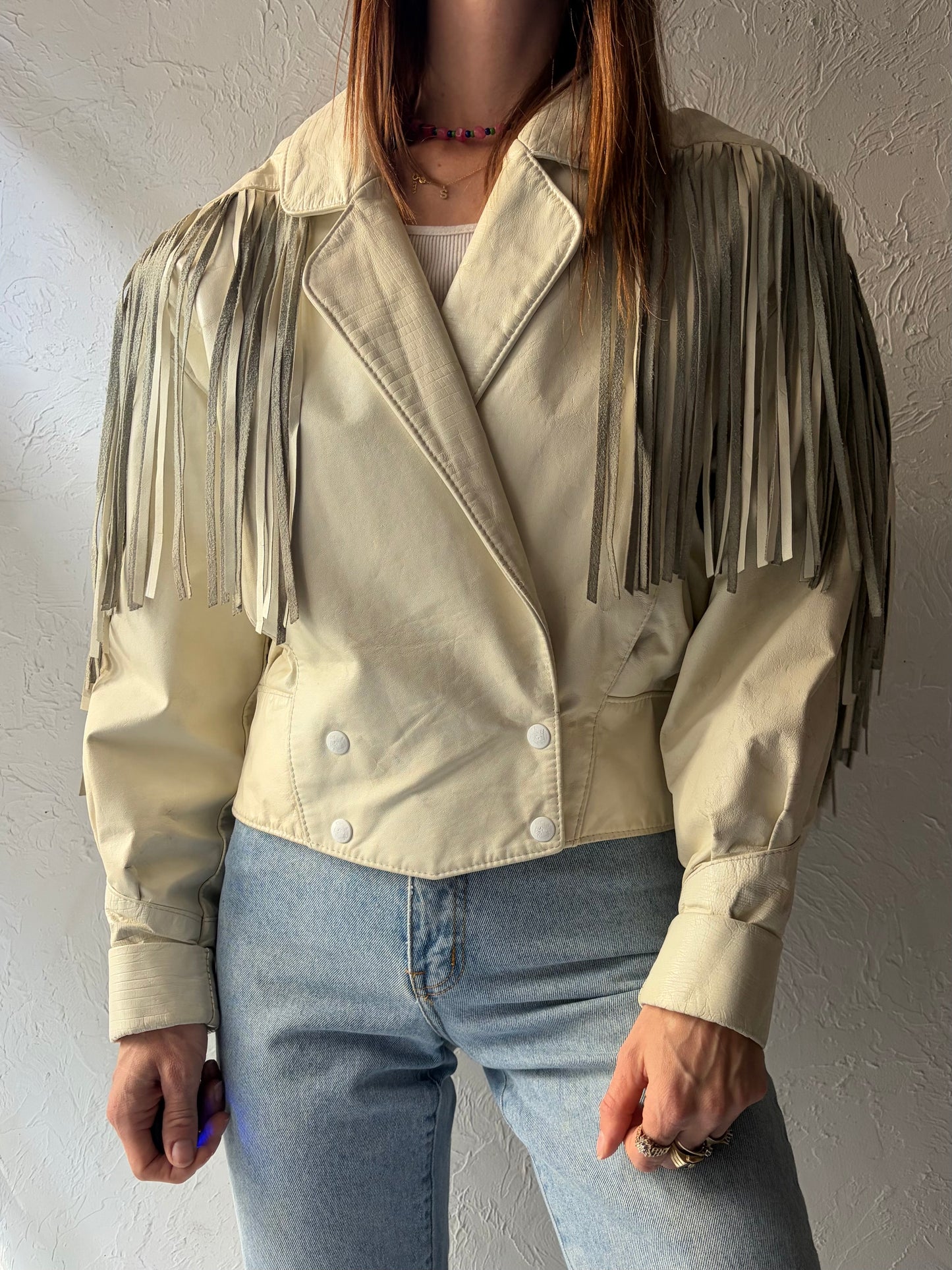 80s 'The Leather Ranch' White Leather Fringe Western Bomber Jacket / Vintage Retro Cowgirl Cropped Jacket / Small