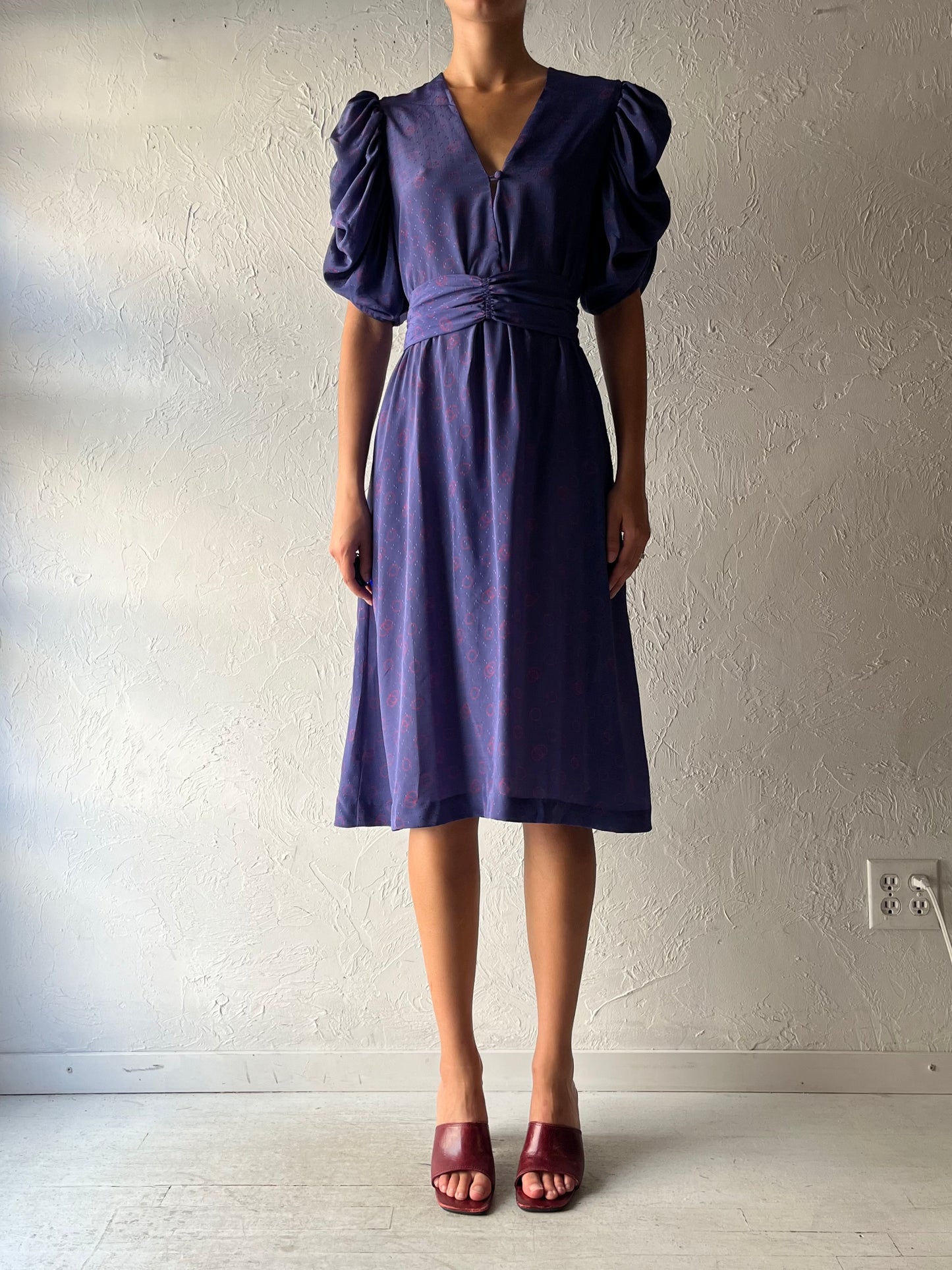 80s 'Meira' Puff Sleeve Retro Midi Dress / Small