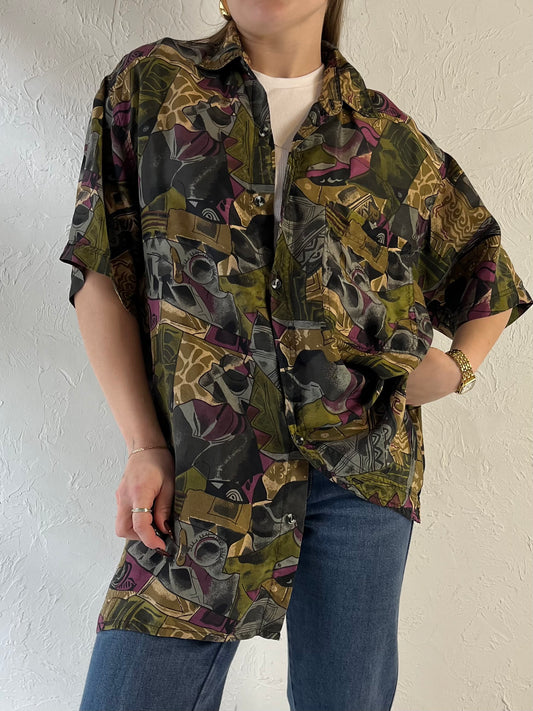 90s ‘Setosa’ Oversized Patterned Silk Blouse / Small