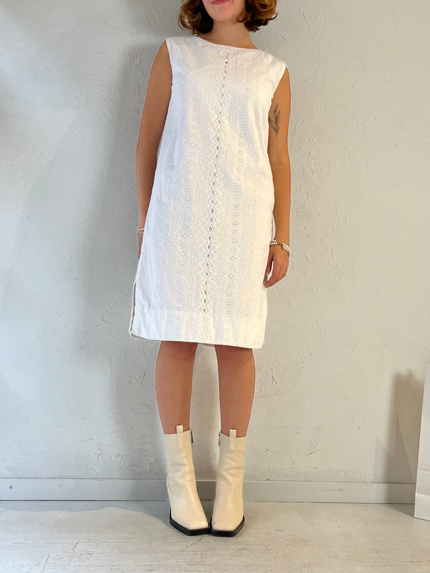 80s 'Marge Hall' White Eyelet Midi Dress / Small