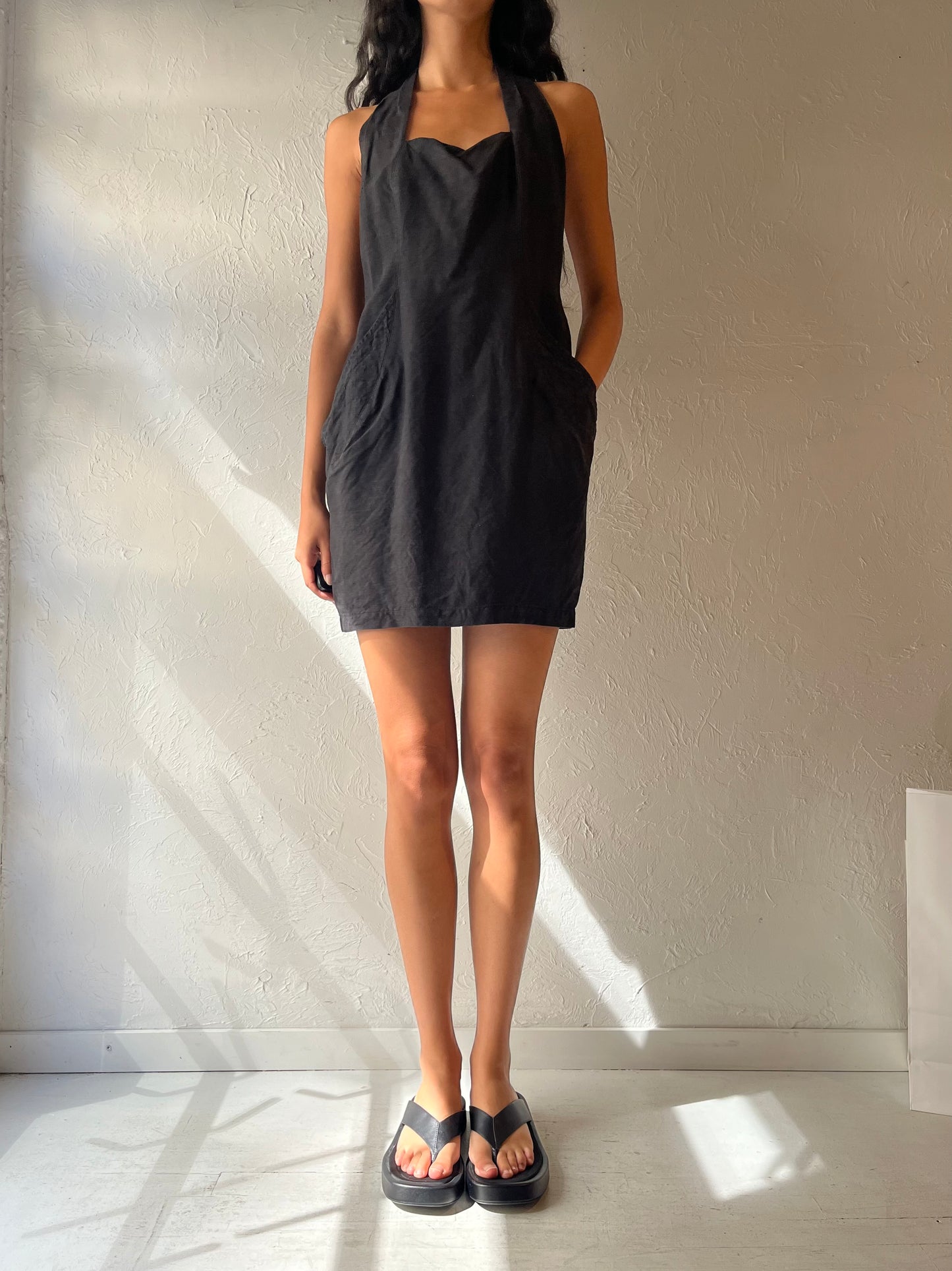 90s 'Jean Claude Poitras' Black Linen Halter Mini Dress / Small