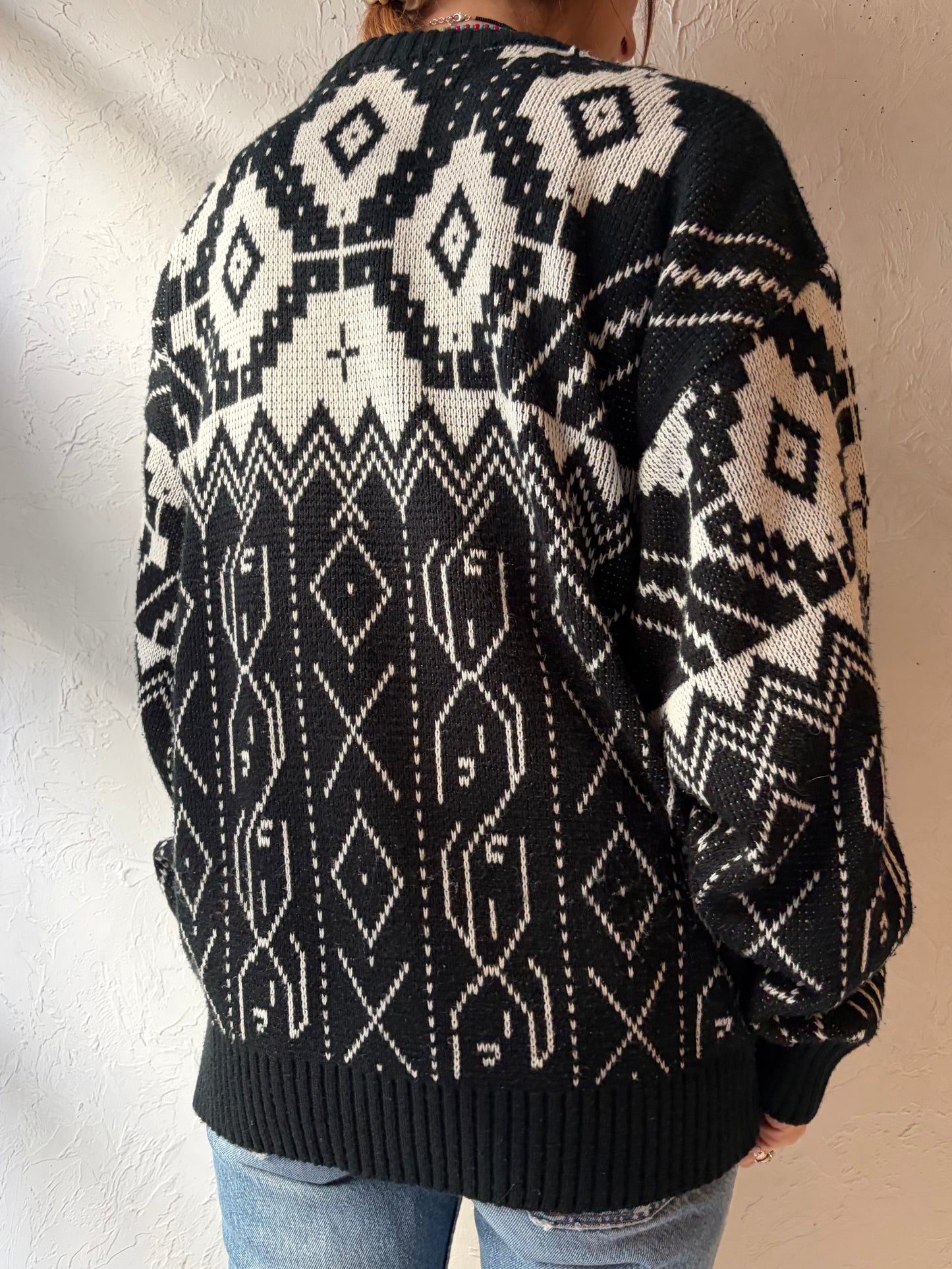 90s ‘Bay Club’ Black Acrylic Patterned Crew Neck Sweater / XL