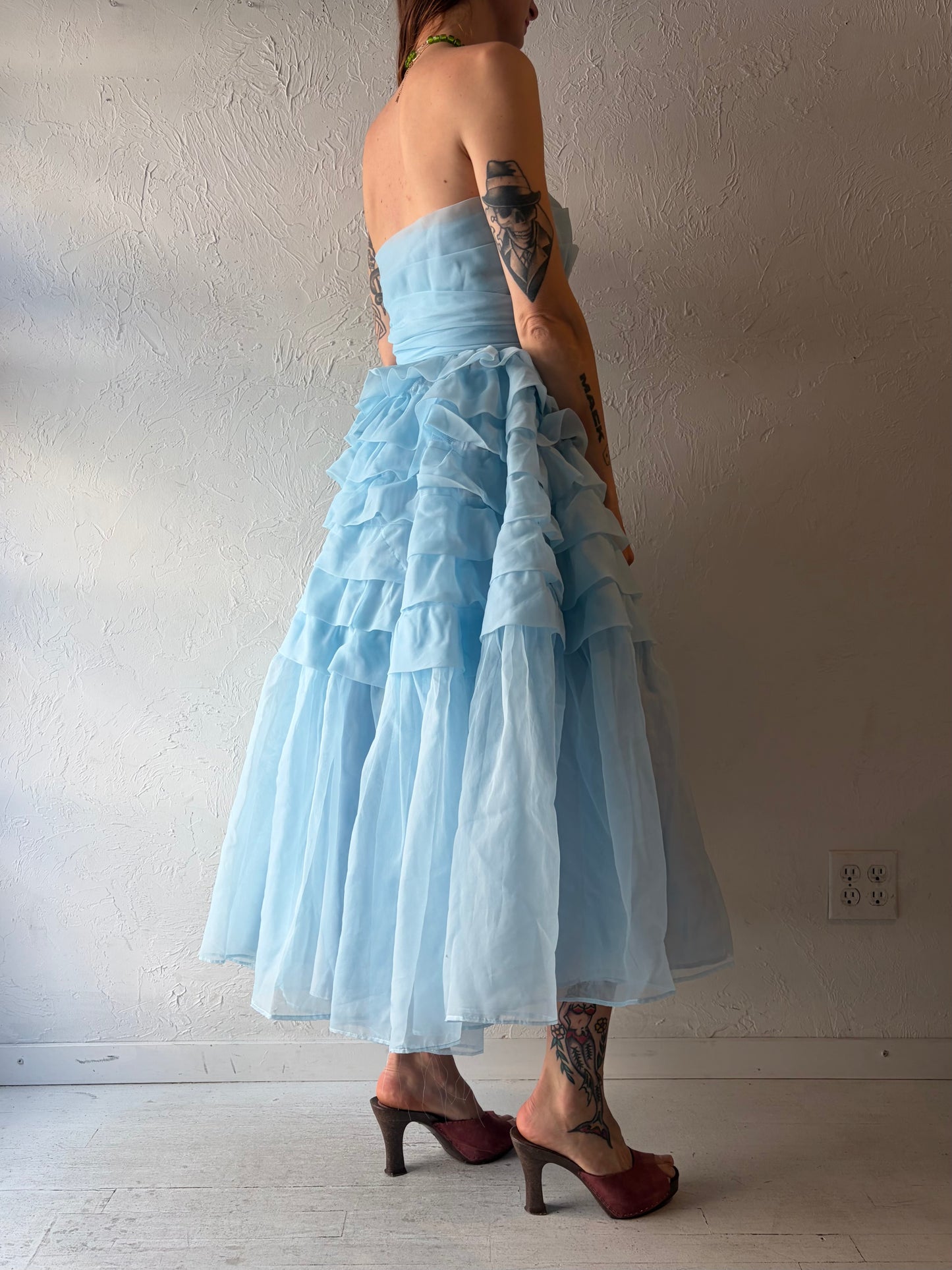 80s Baby Blue Strapless Ruffle Formal Party Dress / XS