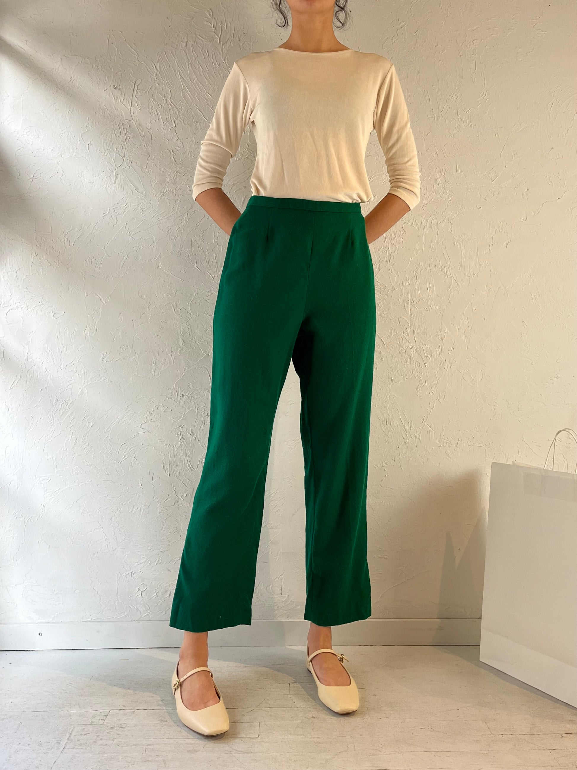 70s Green Wool High Waisted Trousers / Small