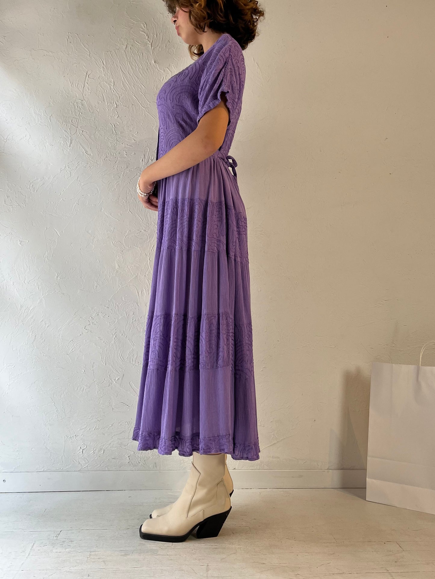 90s 'Variations' Purple Embroidered Dress / Large