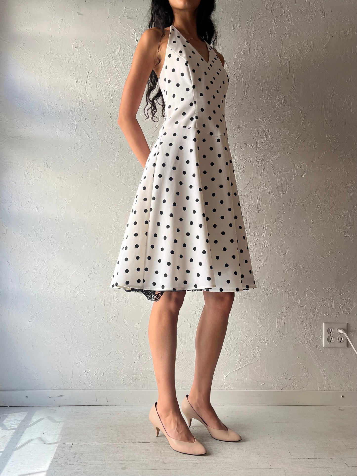 90s 'B Smart' White Polka Dot Pin Up Halter Dress / Medium - Large