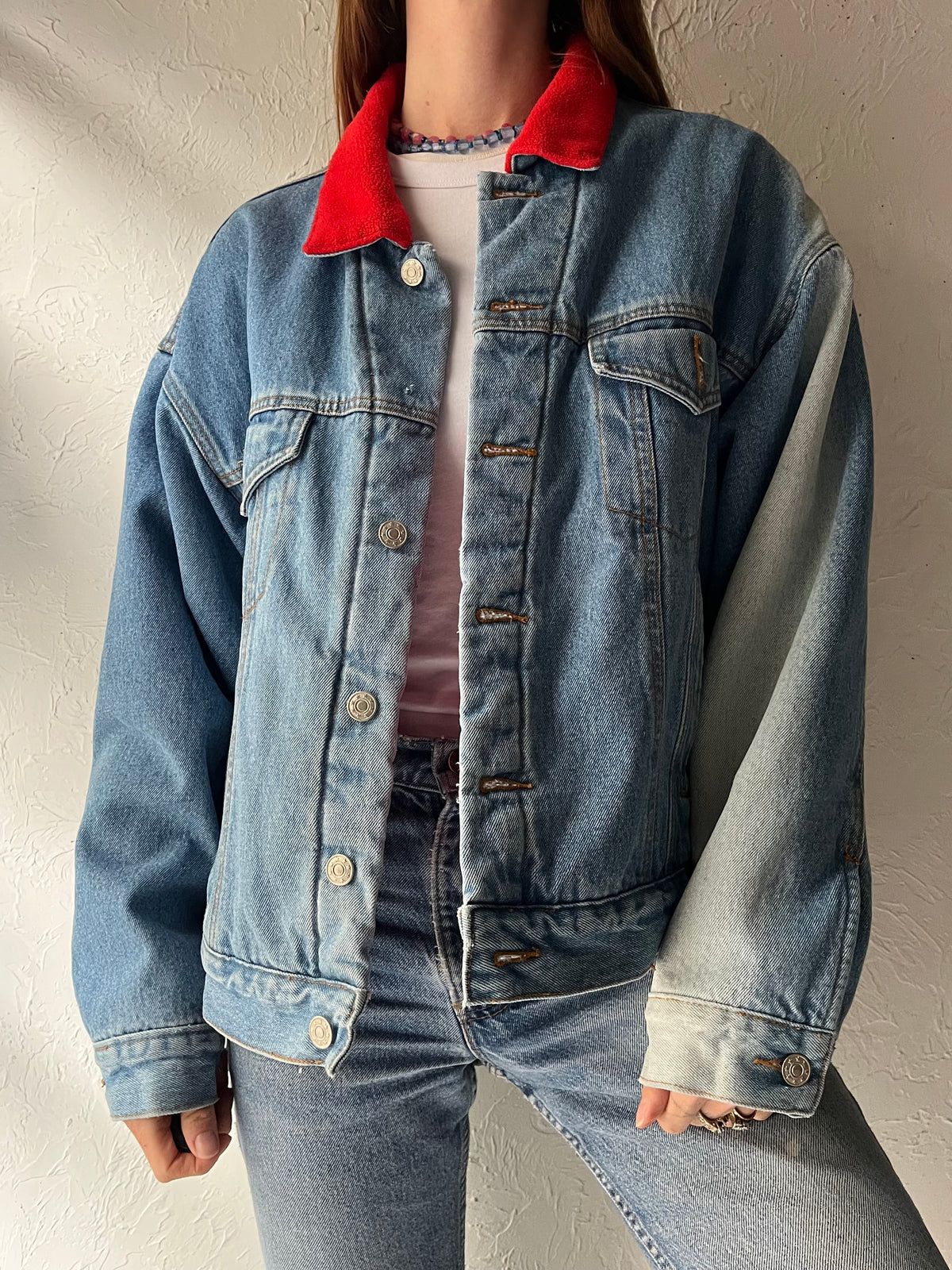 90s 'Mod International' Denim Red Fleece Lined Grunge Streetwear Trucker Jean Jacket / Large