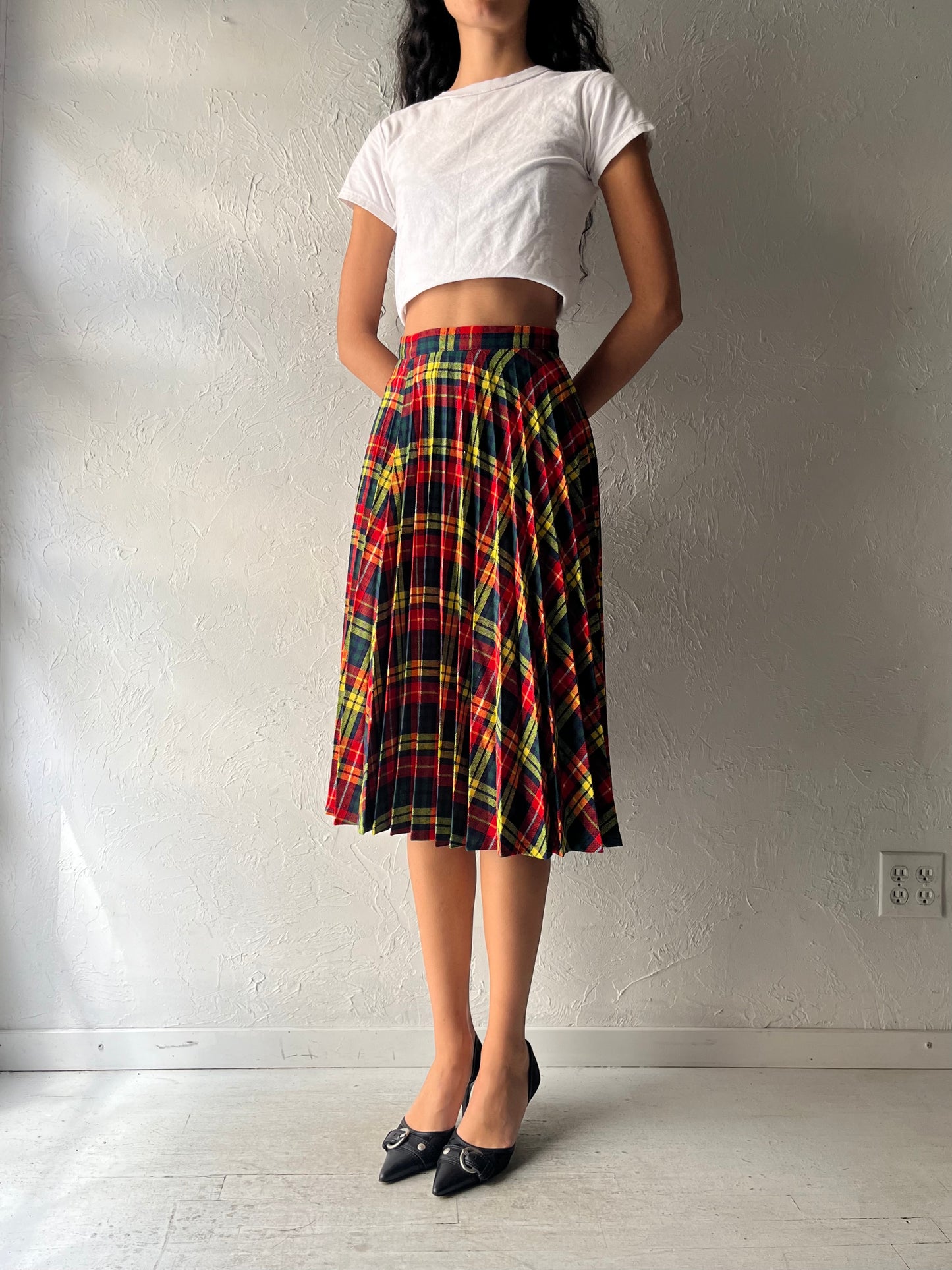 70s 'Barakett' Pleated Plaid Knit Midi Skirt / XS